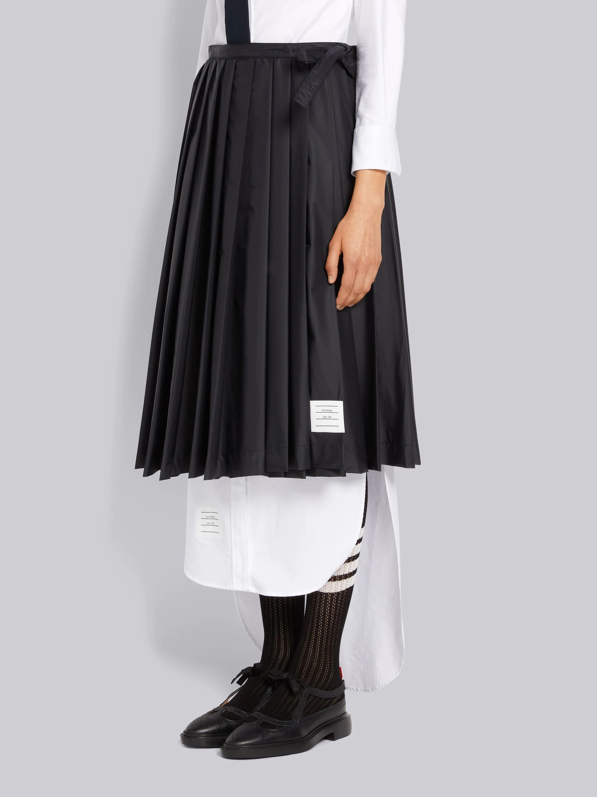 Navy Sheer Nylon Ripstop Below The Knee Pleated Wrap Skirt - 2