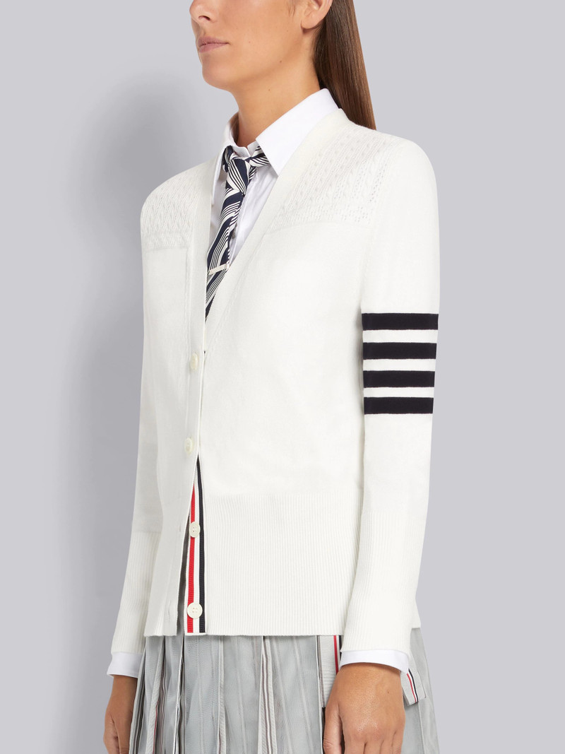 Thom Browne White Cotton Hector Medallion 4-Bar V-Neck Cardigan outlook