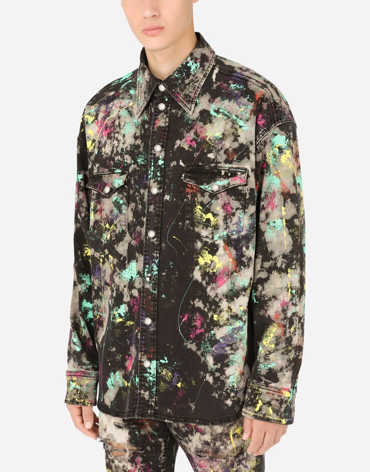 Black denim shirt with marbled print - 4