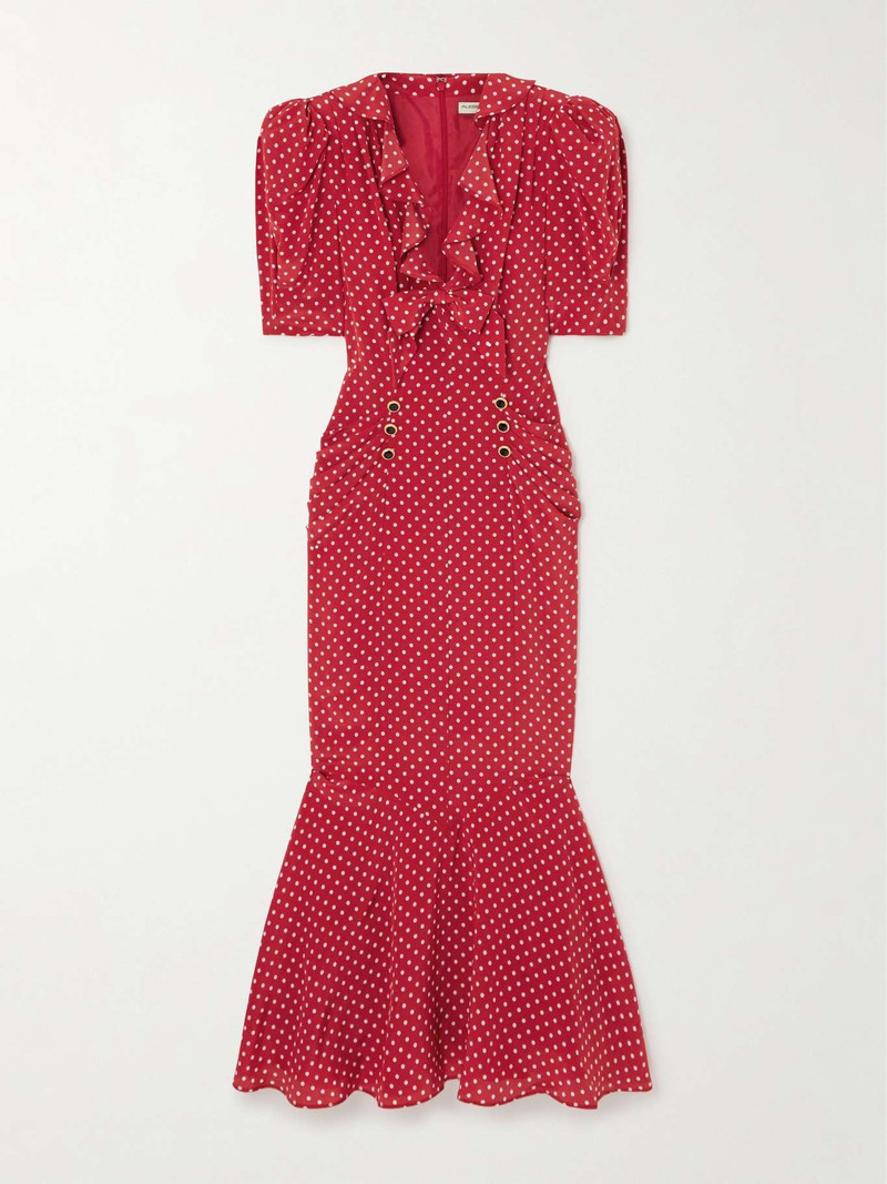 Bow-embellished polka-dot silk-satin midi dress 1