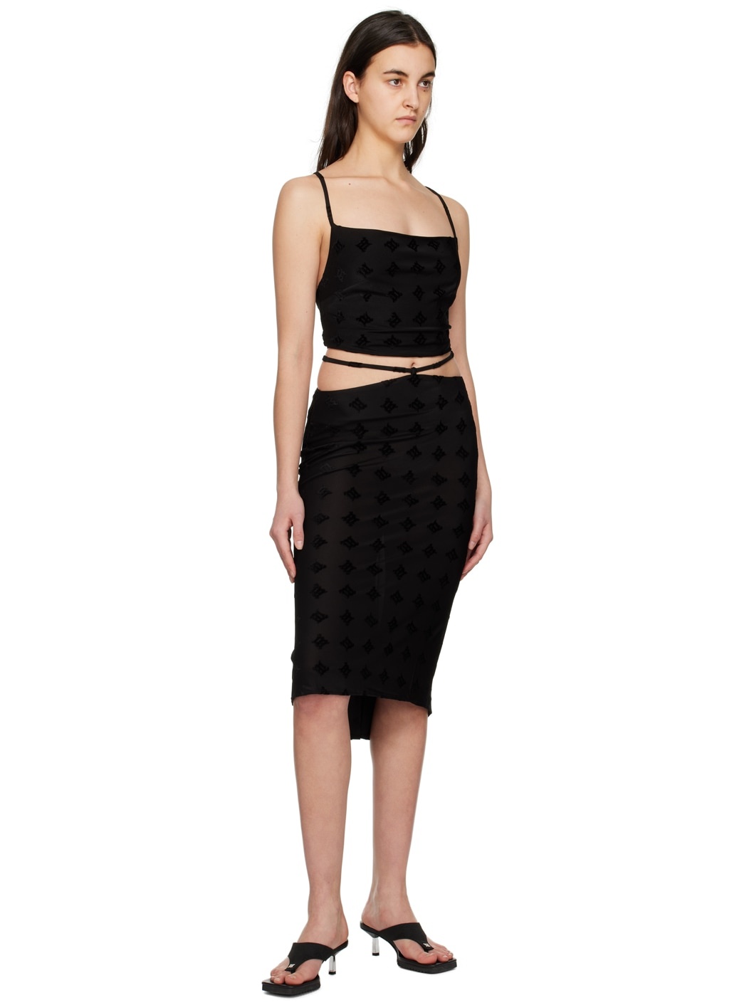 Black Monogram Straps Midi Skirt - 4