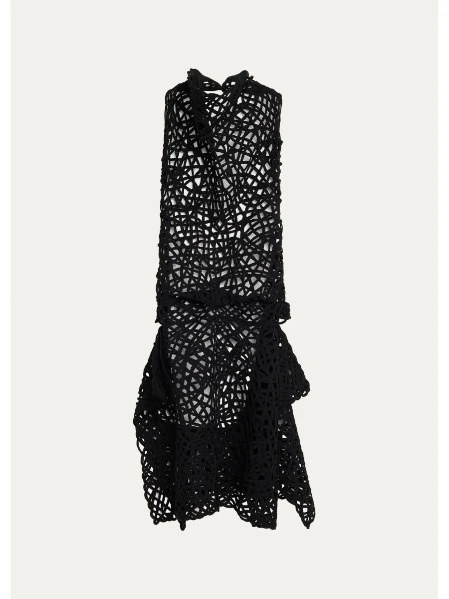 Lattice Embroidered Layered Halter Midi Dress - 1