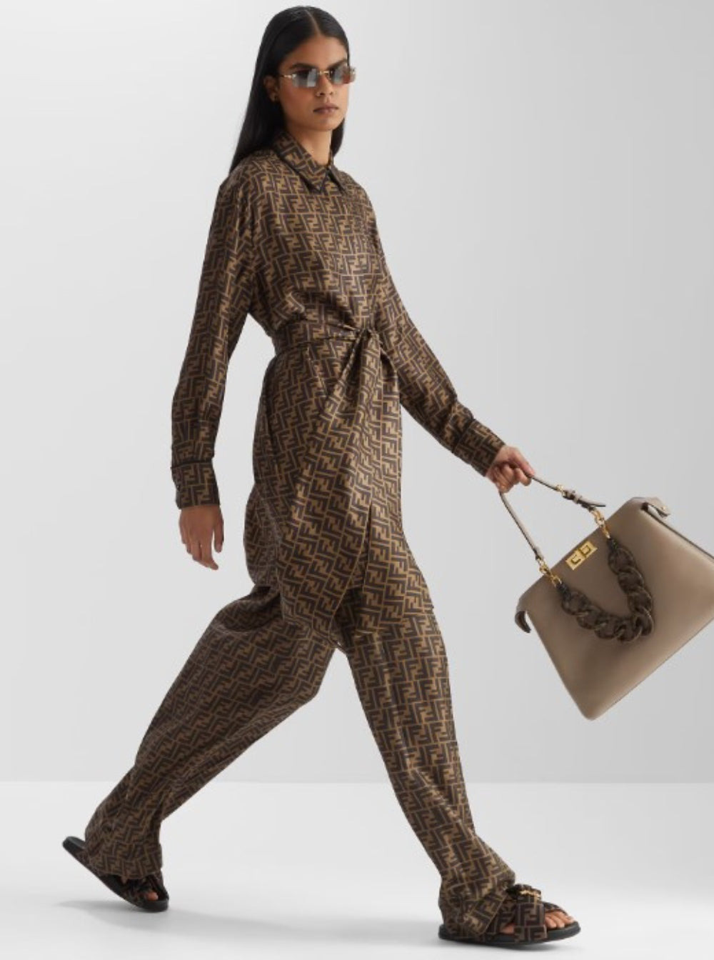 Fendi Women Brown Shirt Dress With Monogram Logo Print All-Over In Silk Woman - 4