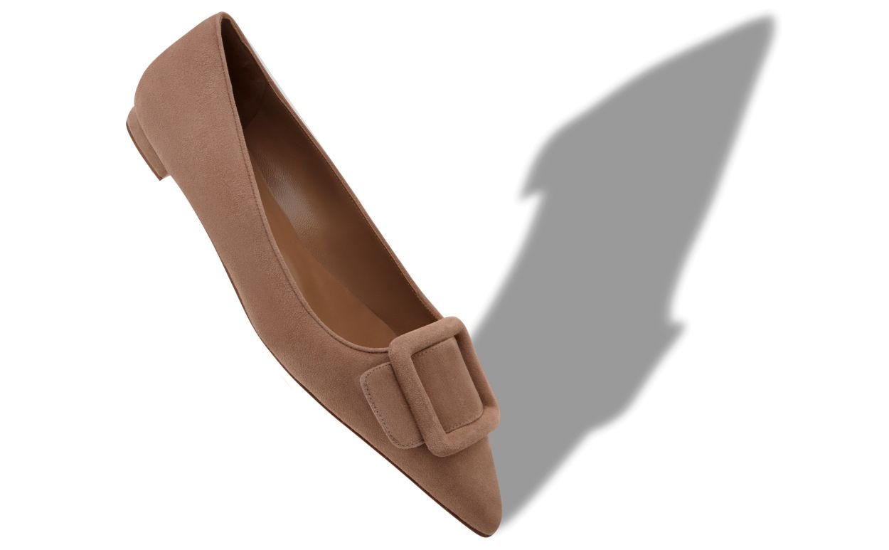 Beige Suede Buckle Detail Flat Pumps - 2