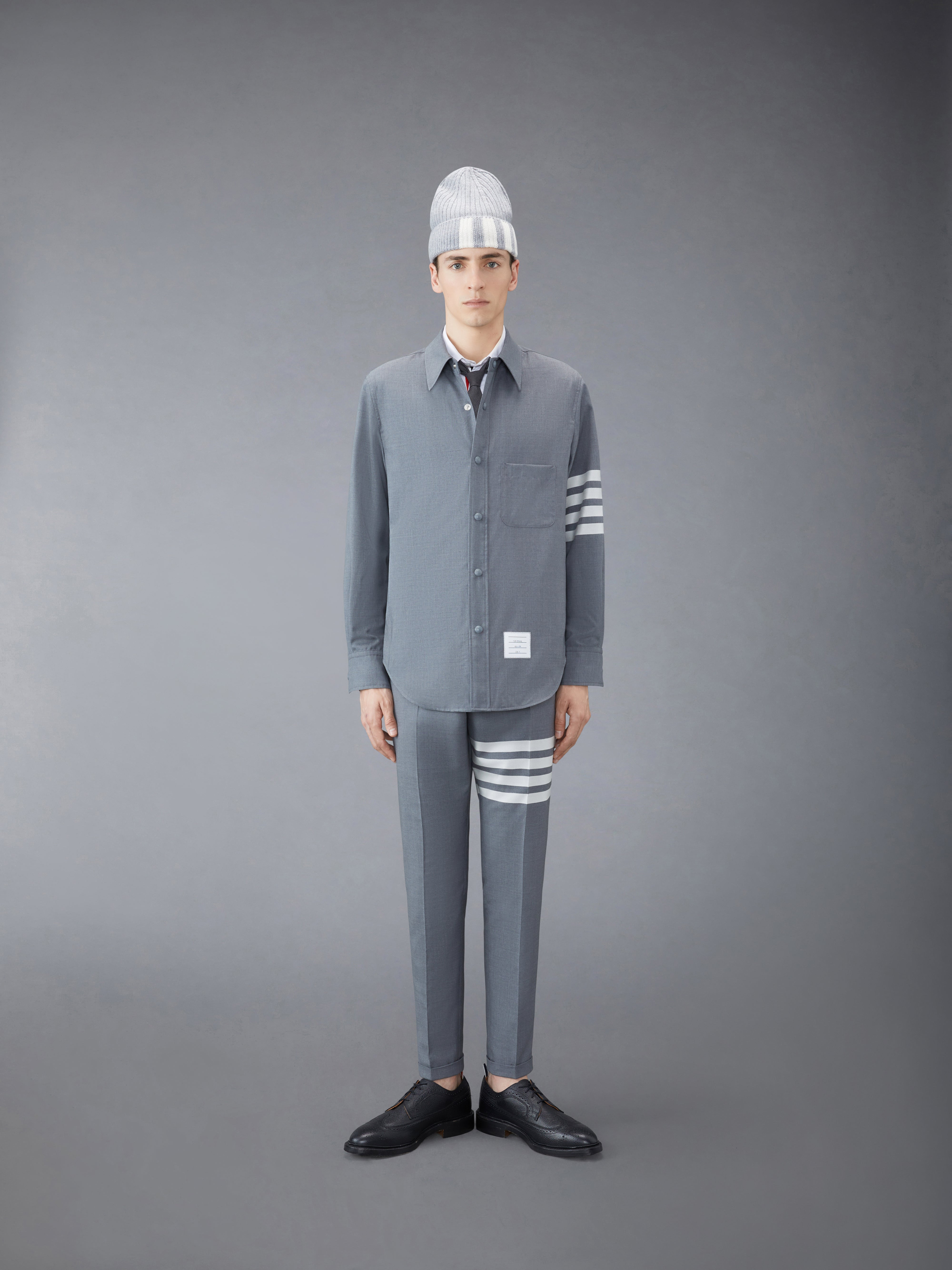Medium Grey Wool Snap Front 4-Bar Shirt Jacket - 3