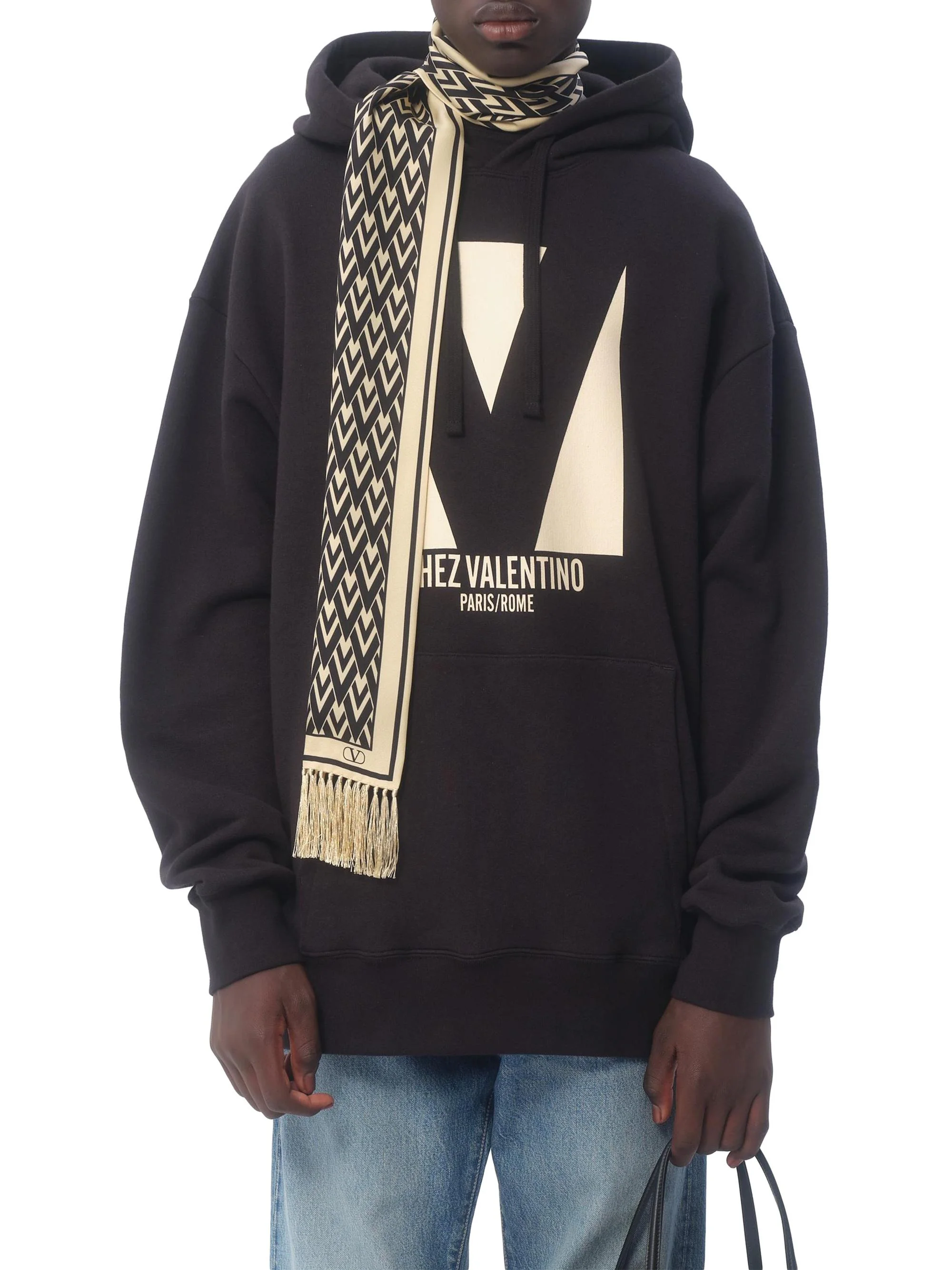 Men's Toute La V Bandeau Scarf in Silk with Fringes - Ivory Black - 1