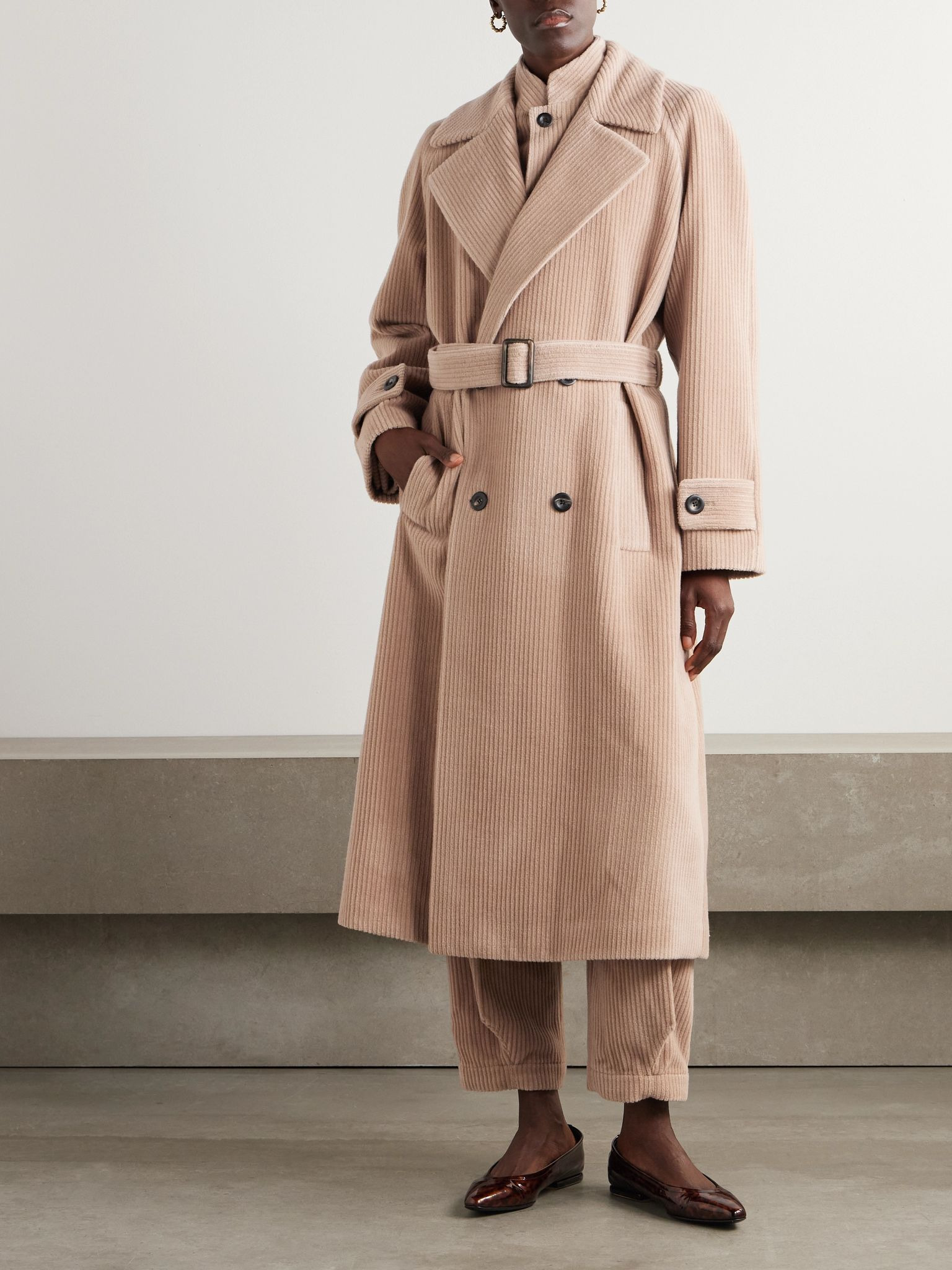 Double-breasted belted cashmere-corduroy coat Beige - 3