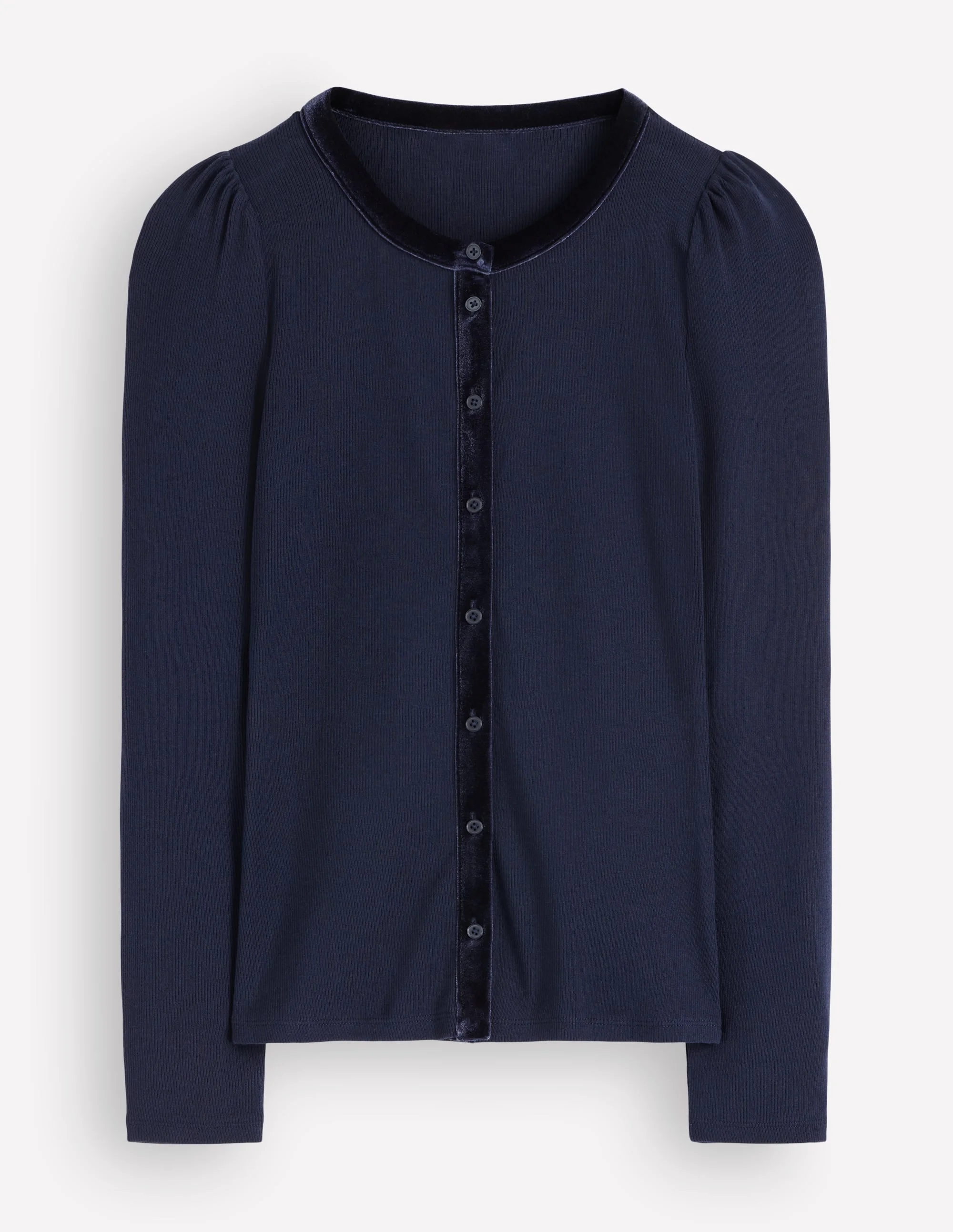 Velvet Trim Ribbed Cardigan-Navy - 1