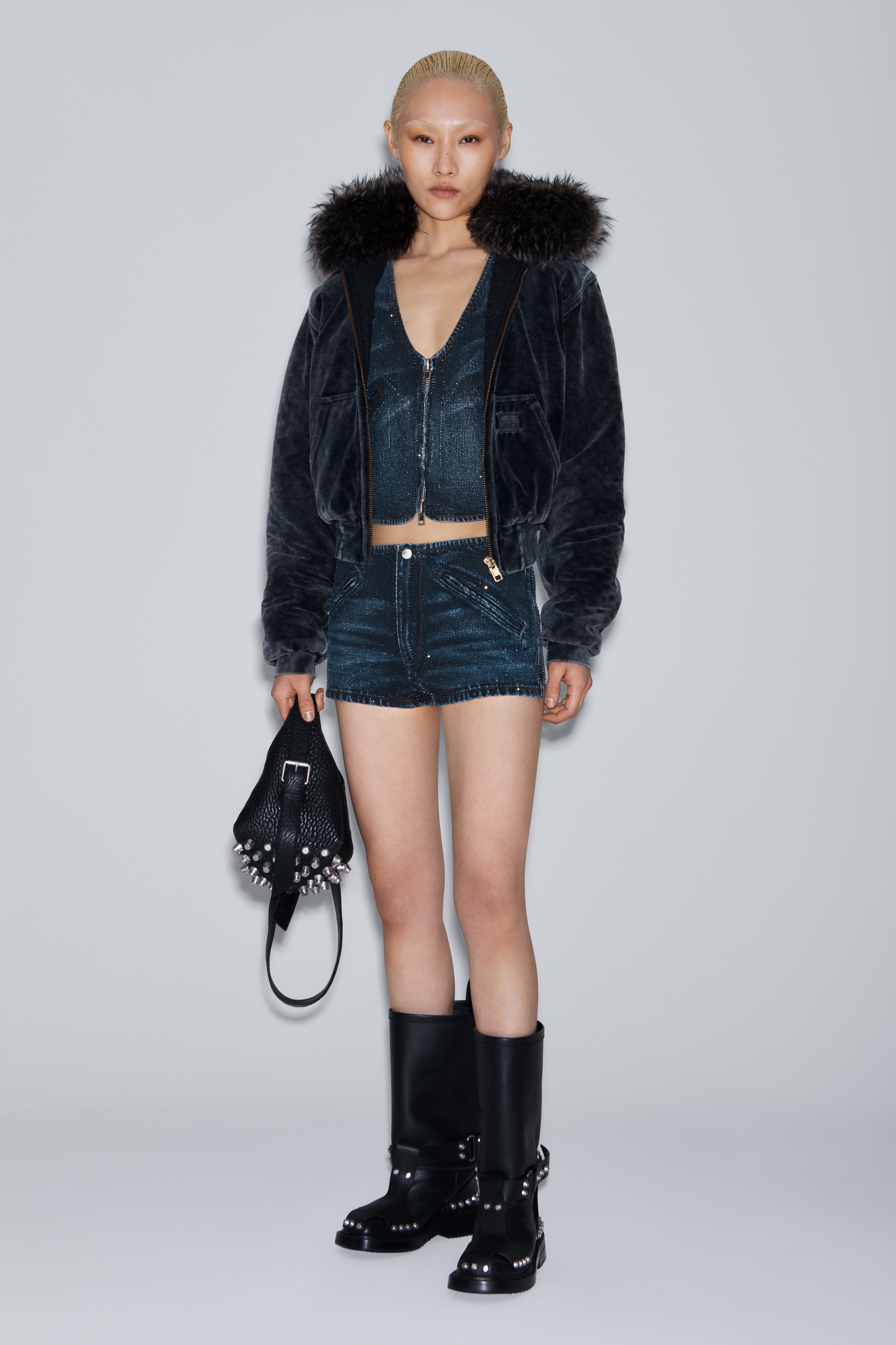 clear crystal hotfix moto micro short in cotton denim - 3
