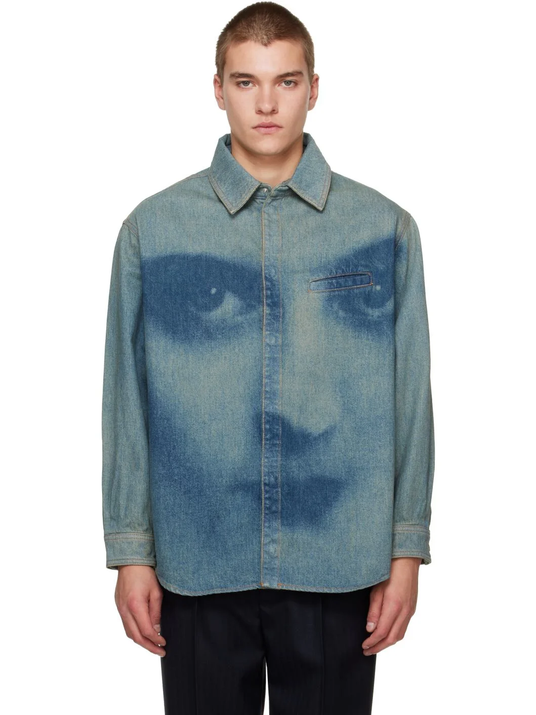 Blue Face Print Oversized Denim Shirt - 1