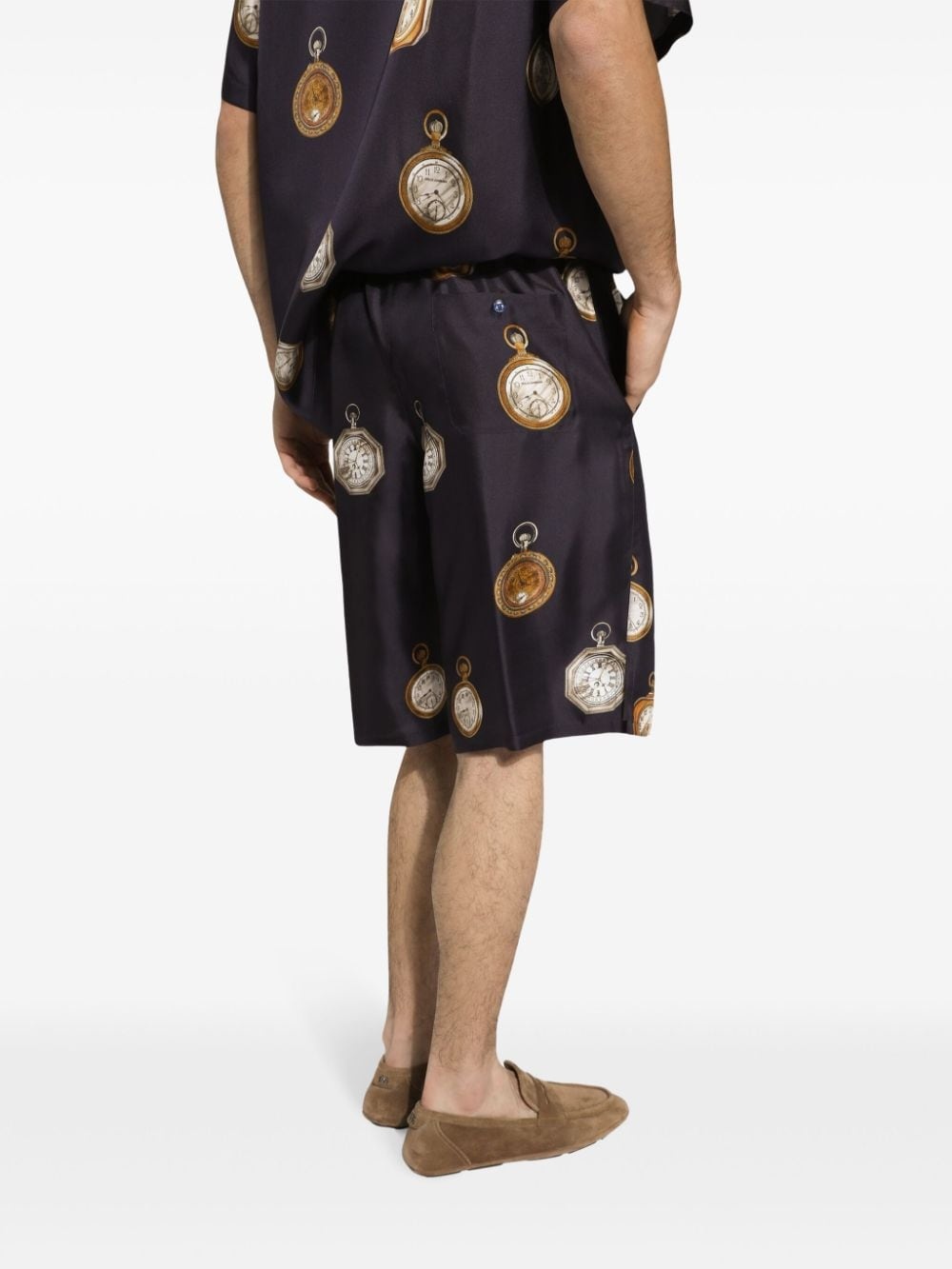 clock-print silk shorts - 5