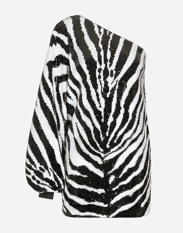 Short sequined one-shoulder dress with zebra print - 3