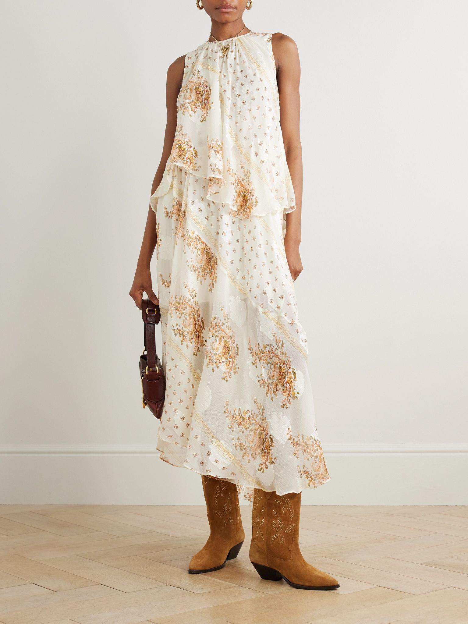 Caprice asymmetric layered printed silk-blend dress Cream - 2