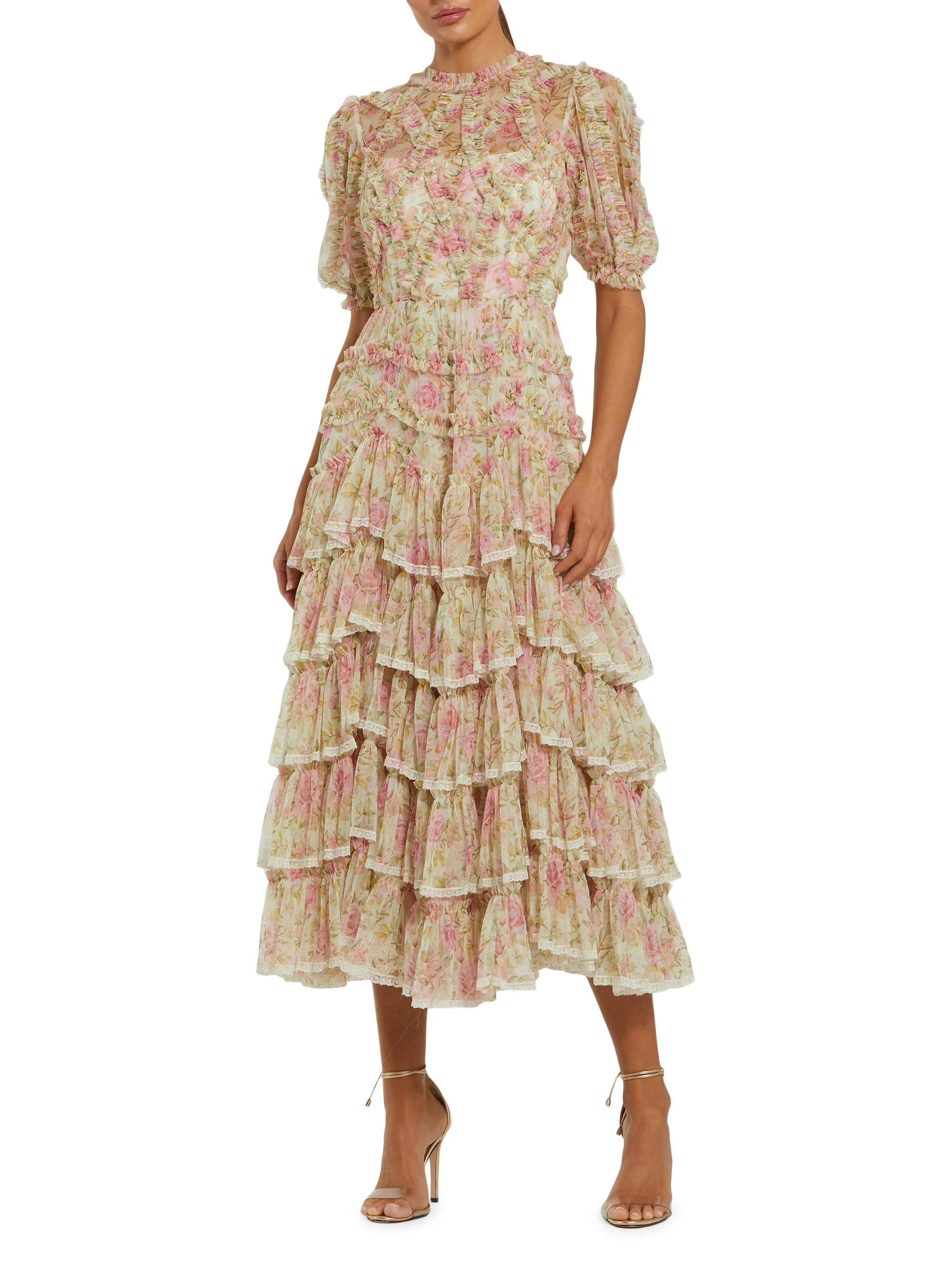 Women's Floral Ruffle HIgh-Neck Cocktail Dress - Ivory Multi - 1