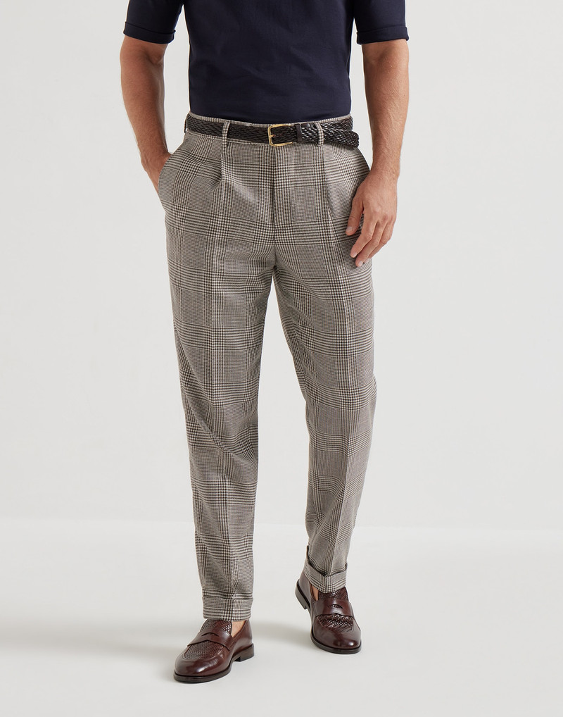 Virgin wool, silk and linen Prince of Wales trousers with pleat 2