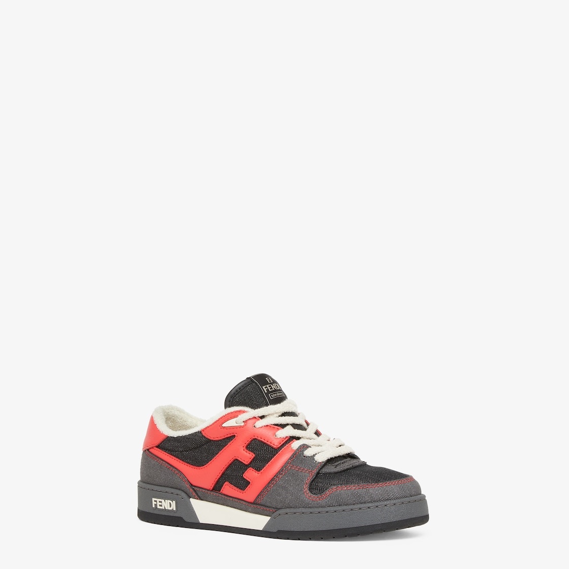 Fendi Match lace-up sneakers. Made of gray denim with red leather details. Rubber sole with Fendi le - 2