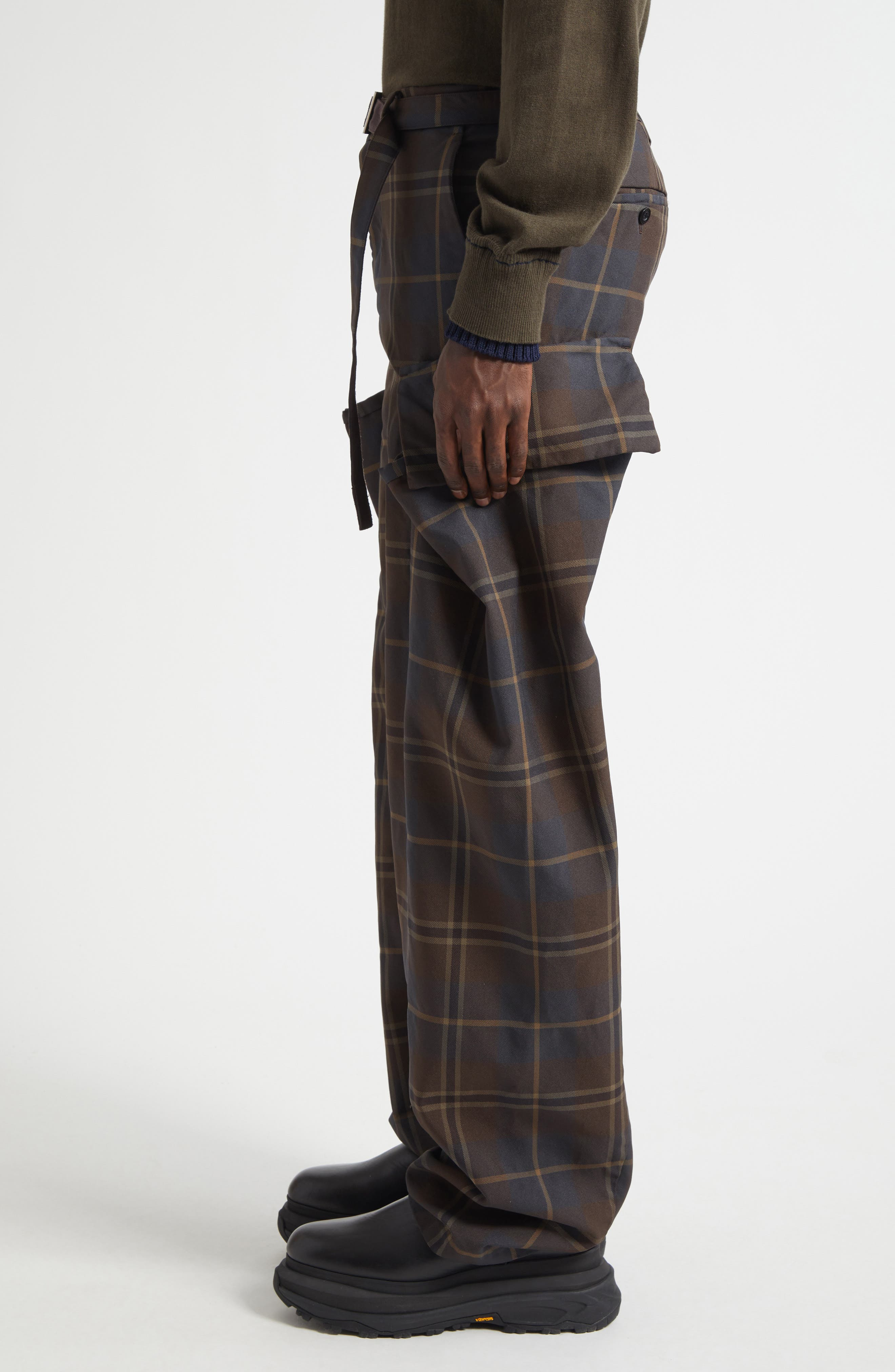 Sacai Belted Plaid Cargo Pants in Brown/Blue at Nordstrom - 4