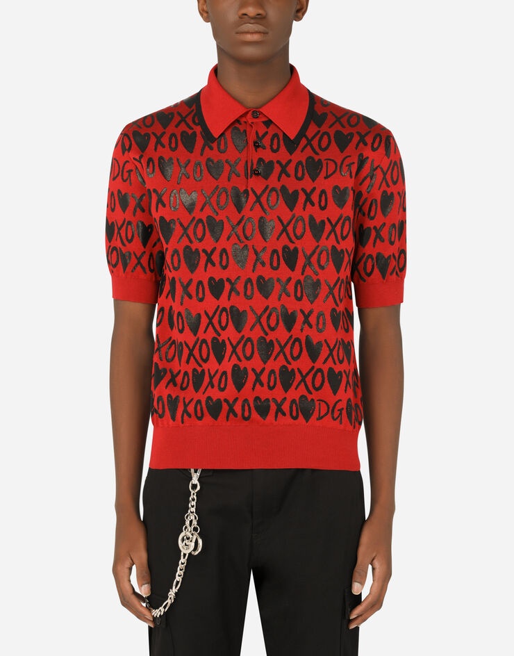 Short-sleeved silk jacquard polo-shirt with heart detailing - 1