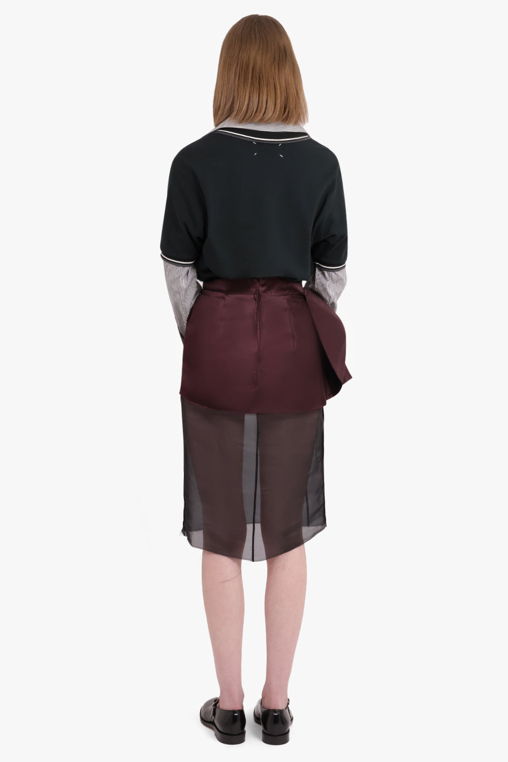 POLO X SHIRT L/S MIDI DRESS WITH RUCHED DETAIL SHEER SKIRT | GREEN/BURGUNDY - 3