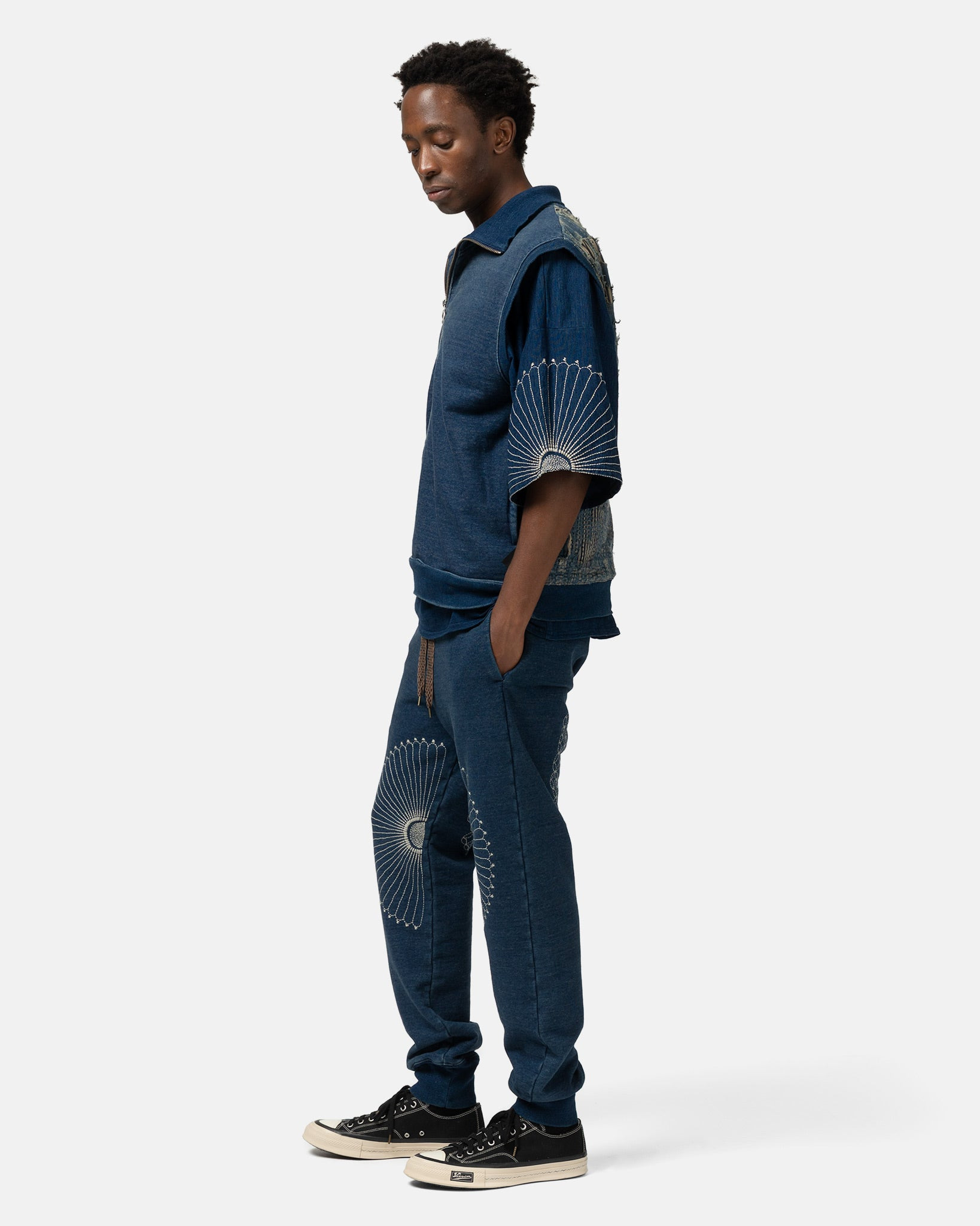 IDG Fleecy Knit SWT Pants (FUROSHIKI Embroidery) Indigo - 3
