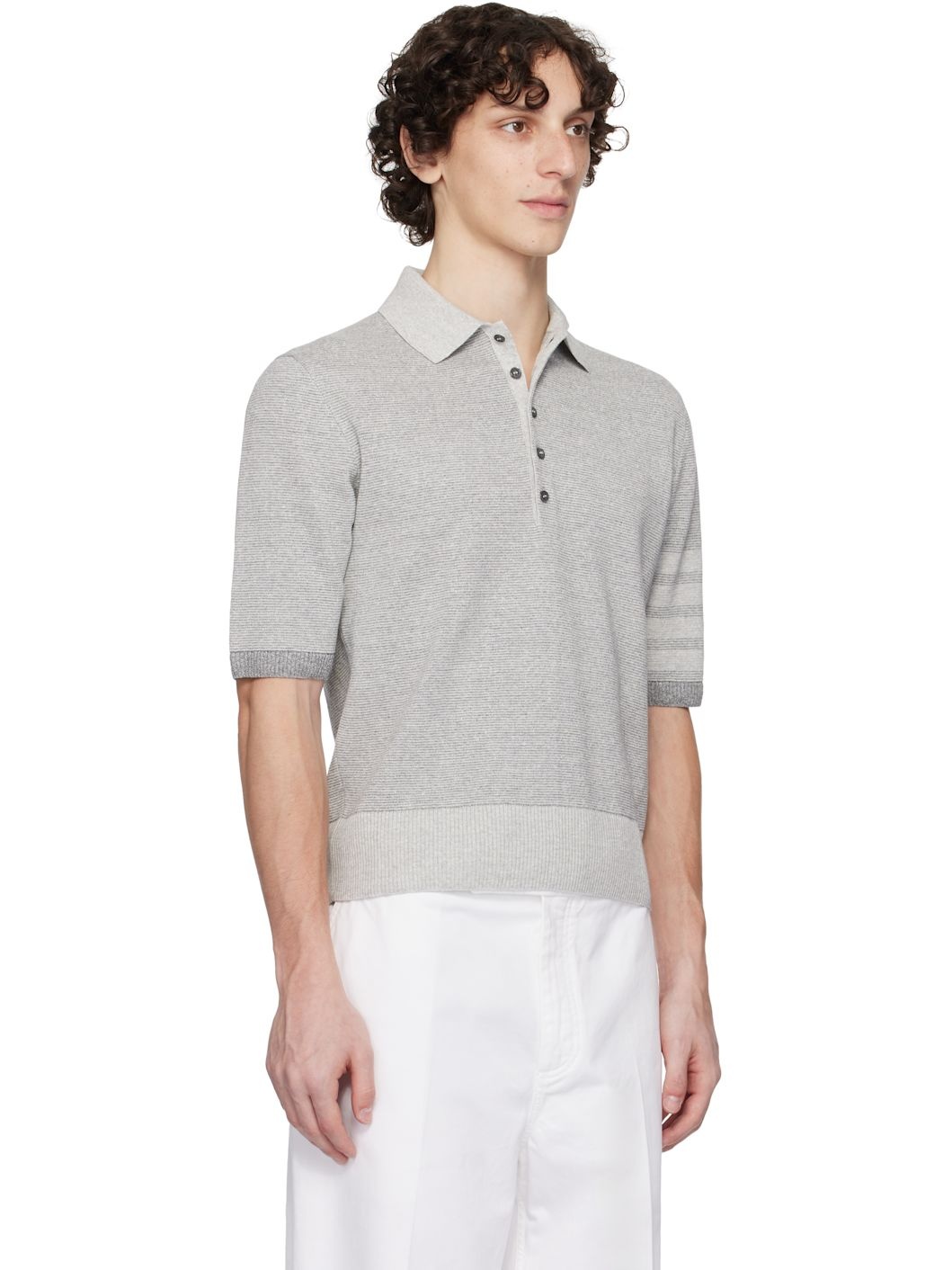 Gray Textured Striped Stitch 4-Bar Relaxed Polo - 2