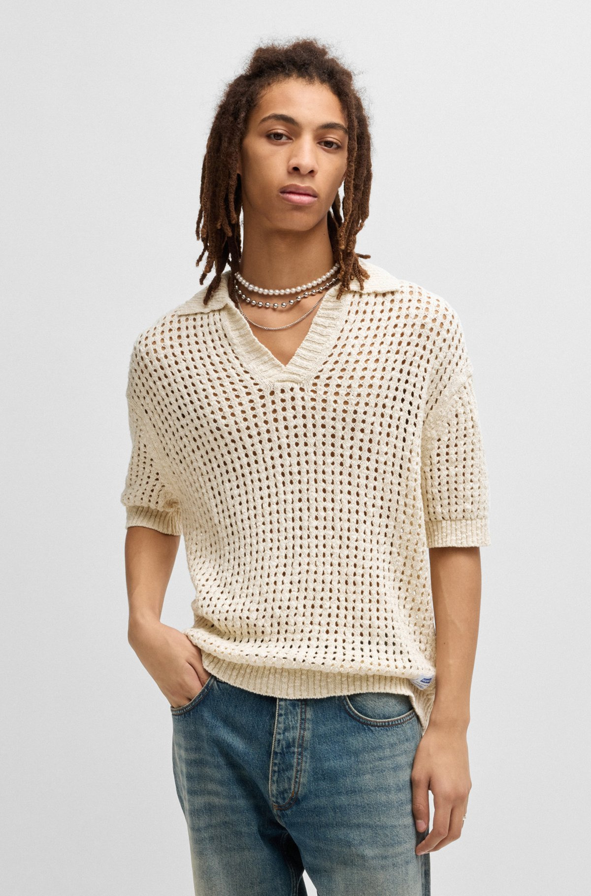 CROCHET KNIT POLO IN COTTON WITH JOHNNY COLLAR - 2
