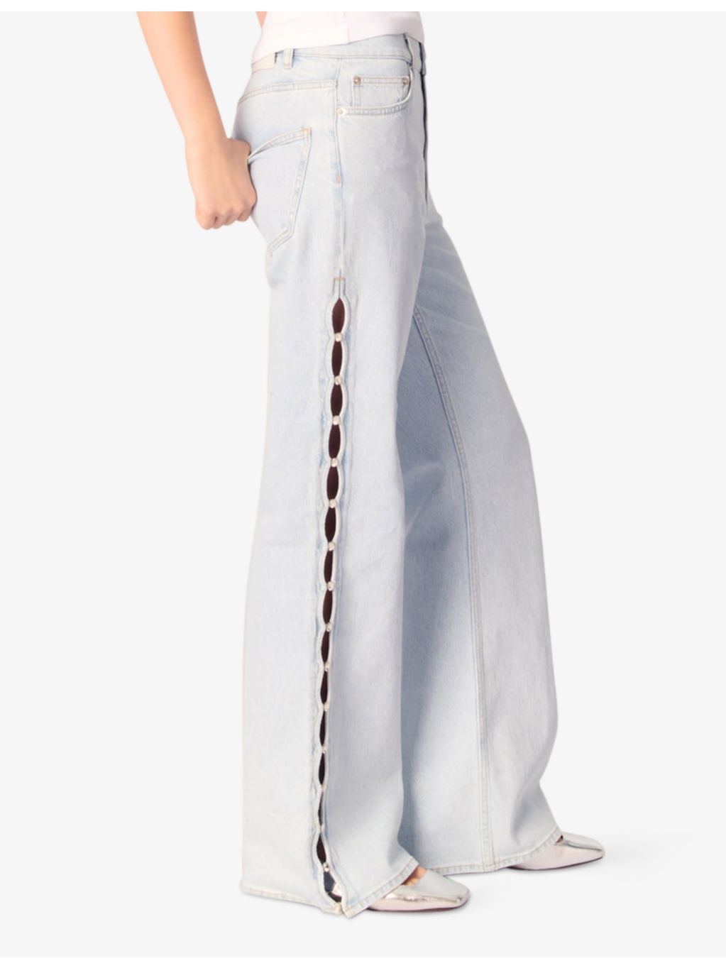 Crystal-Embellished Cut-Out Wide-Leg Mid-Rise Stretch-Denim Jeans - 3