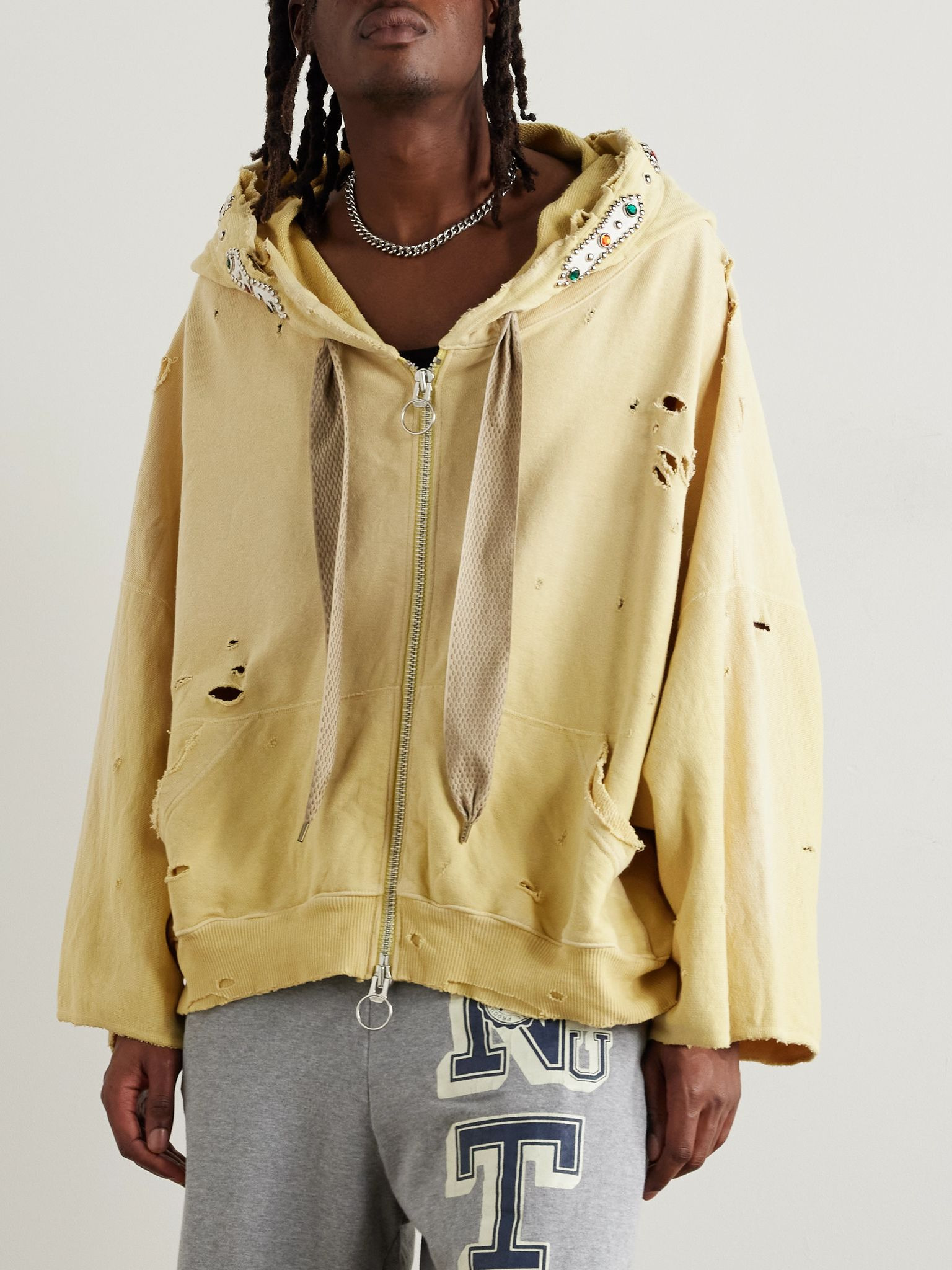 Embelished Distressed Cotton-Jersey Zip-Up Hoodie Yellow - 3