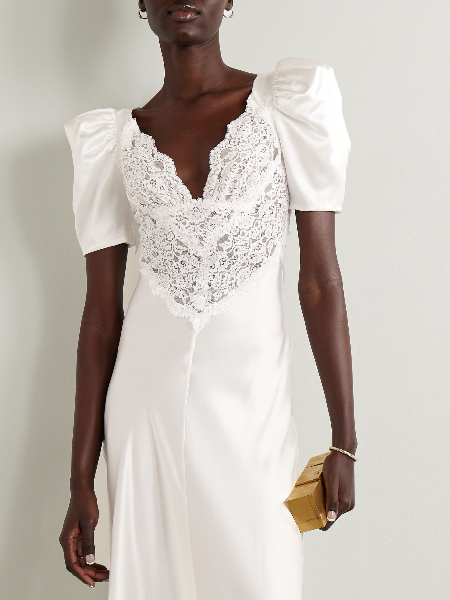 Lace-trimmed silk-satin gown Off-white - 5