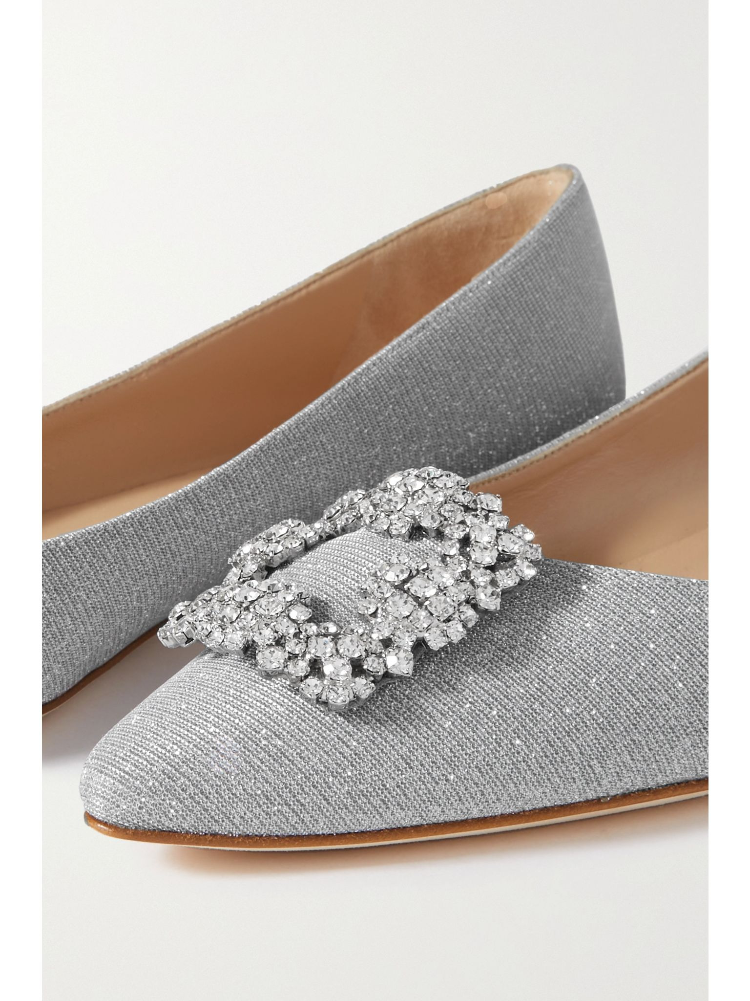 Hangisi crystal-embellished glittered satin point-toe flats Silver - 4