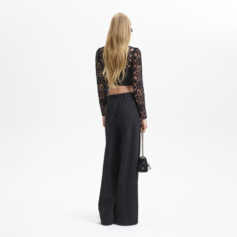 self-portrait Black Lace Tie Neck Crop Top outlook