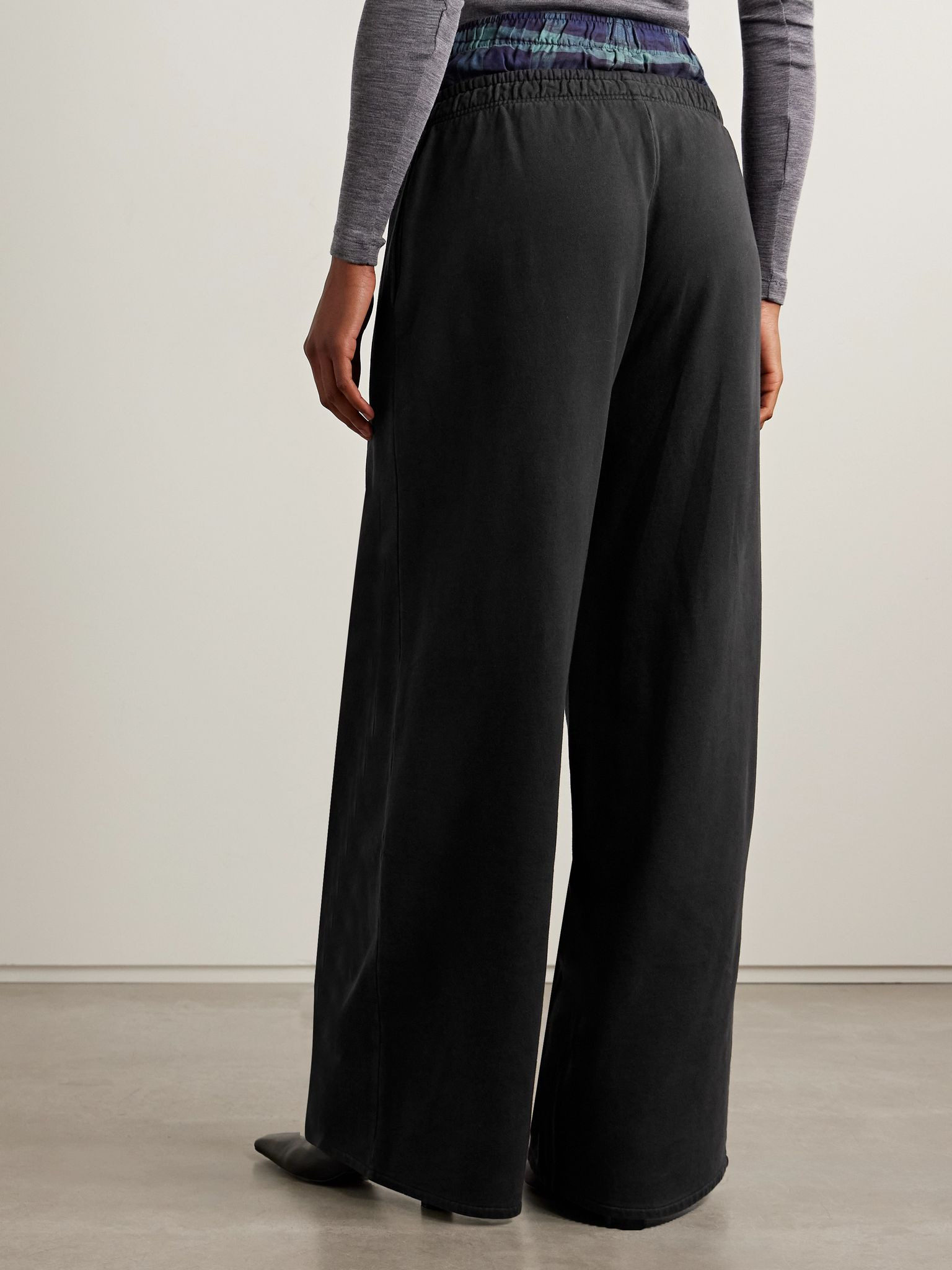 Layered organic cotton-jersey and checked flannel track pants Black - 4