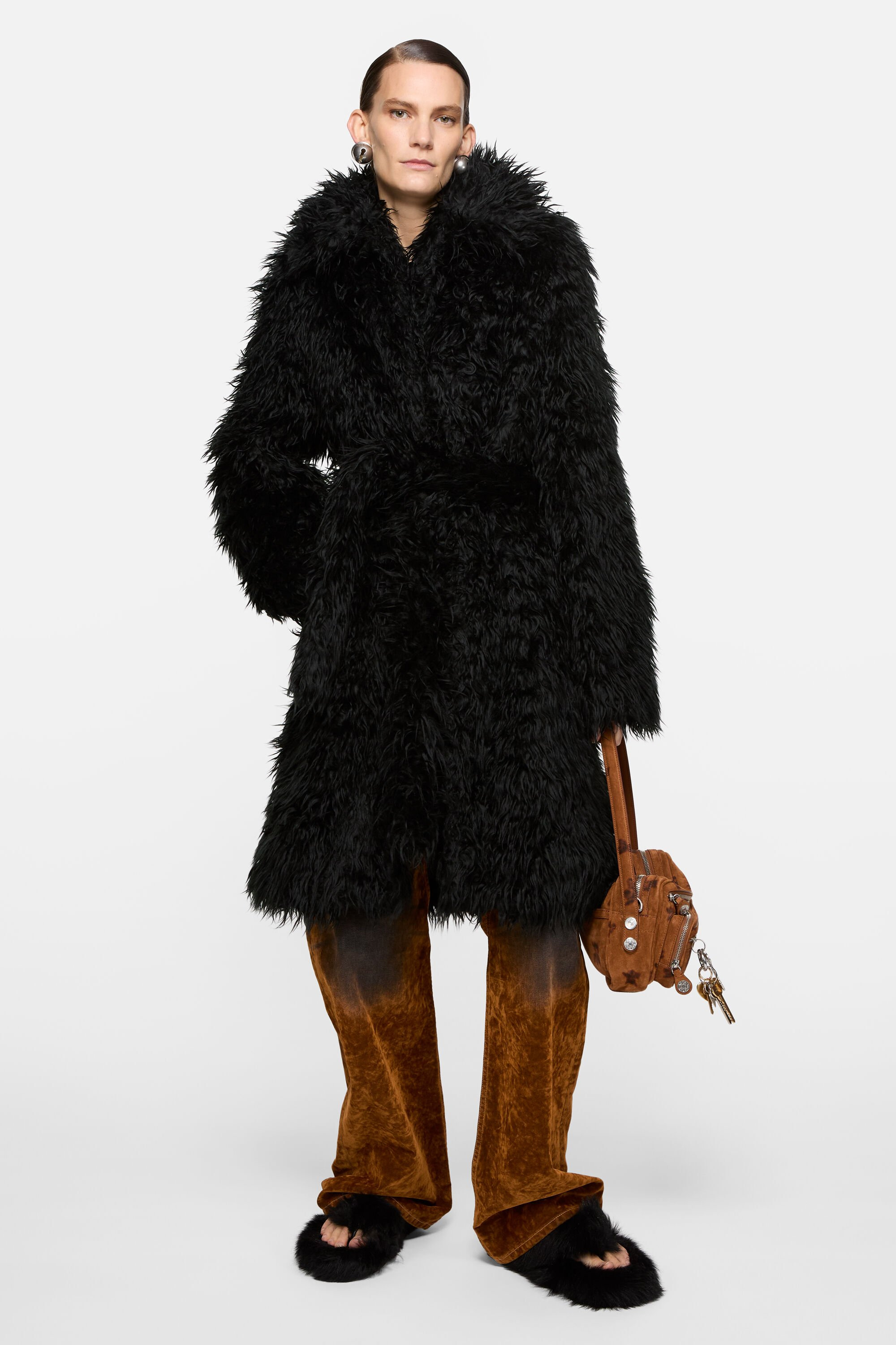 Faux fur belted coat - Black - 2