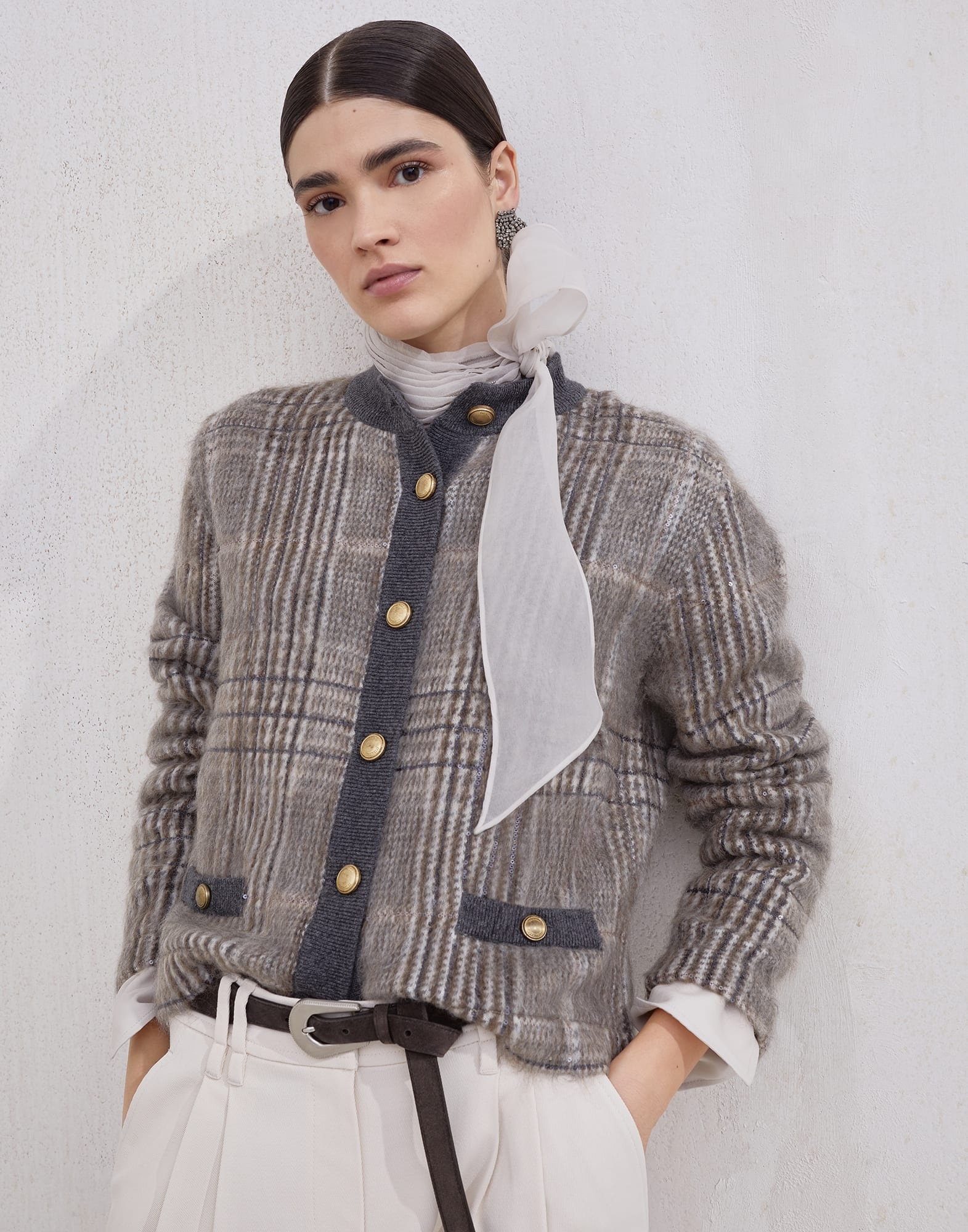 Mohair, virgin wool and cashmere jacquard cardigan with dazzling check embroidery - 4