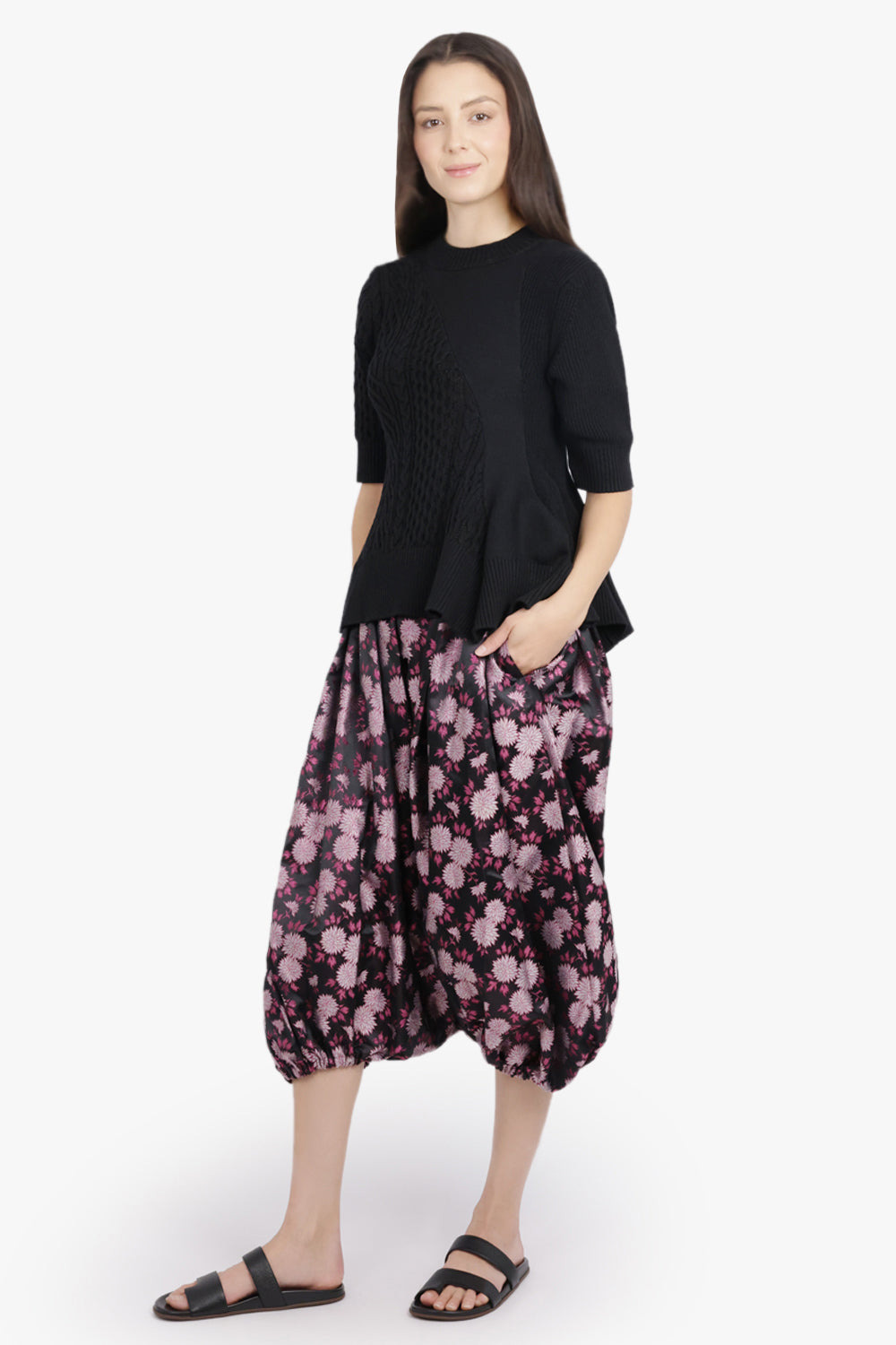 3/4 SLEEVE CHAIN KNIT WITH ASYMMETRIC HEM DETAIL | BLACK - 7