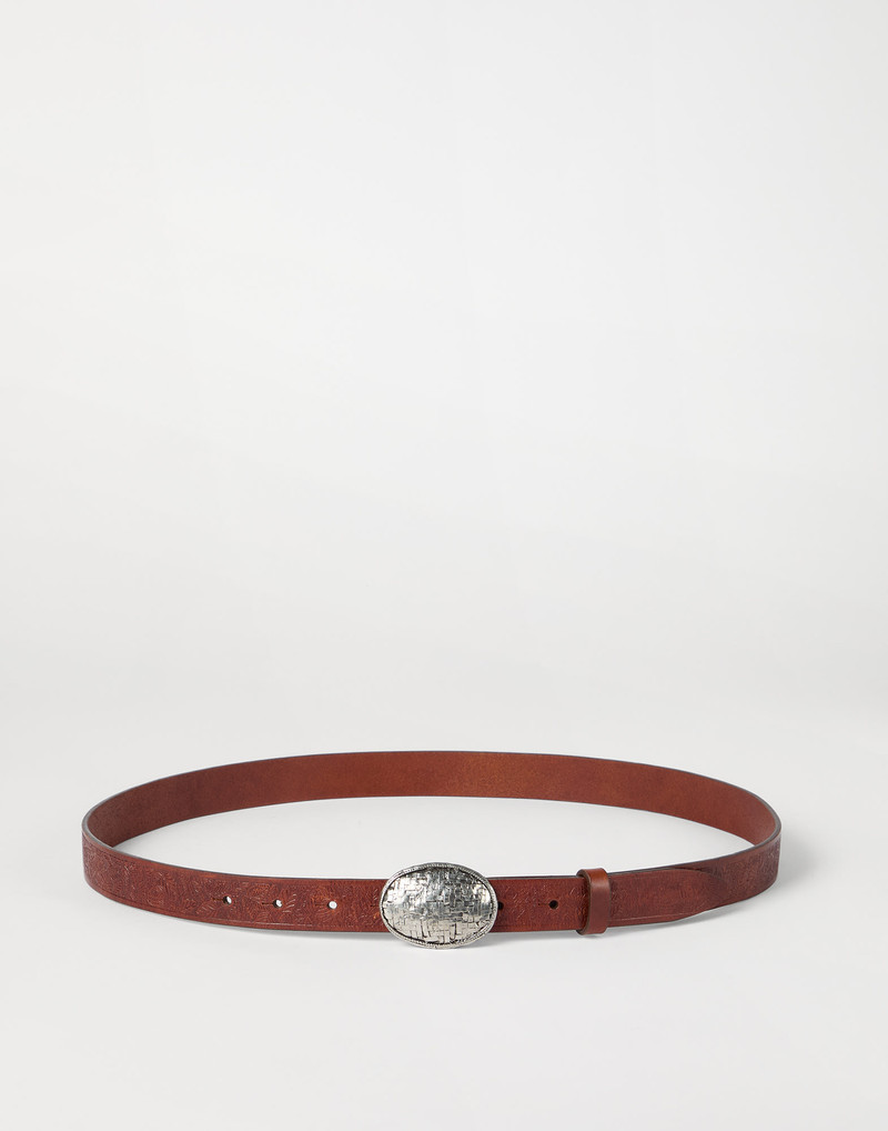 Leaf motif calfskin belt with braided metal buckle 1