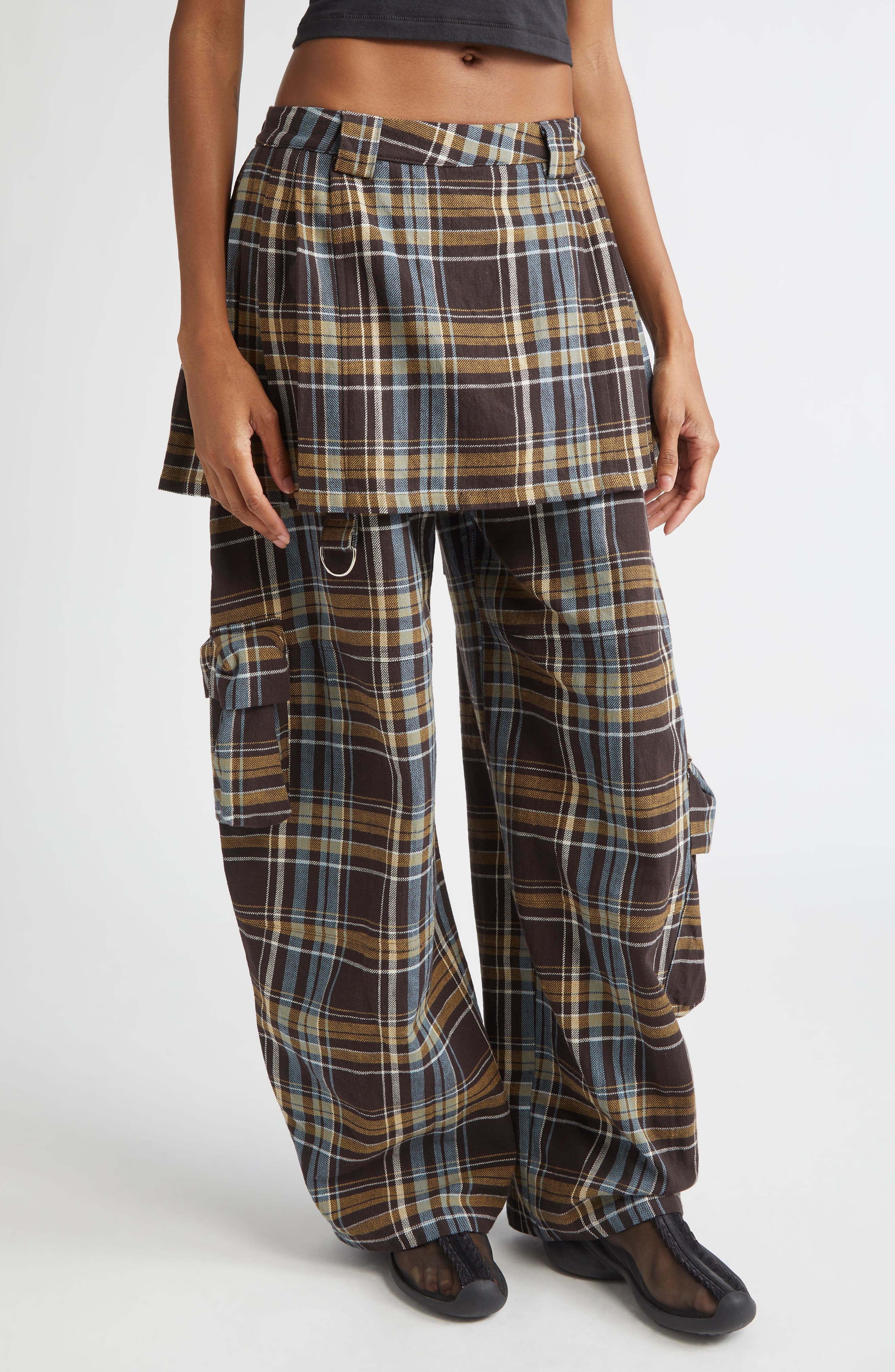 Collina Strada Lawn Plaid Skirt Overlay Cargo Pants in Loam Plaid at Nordstrom - 4