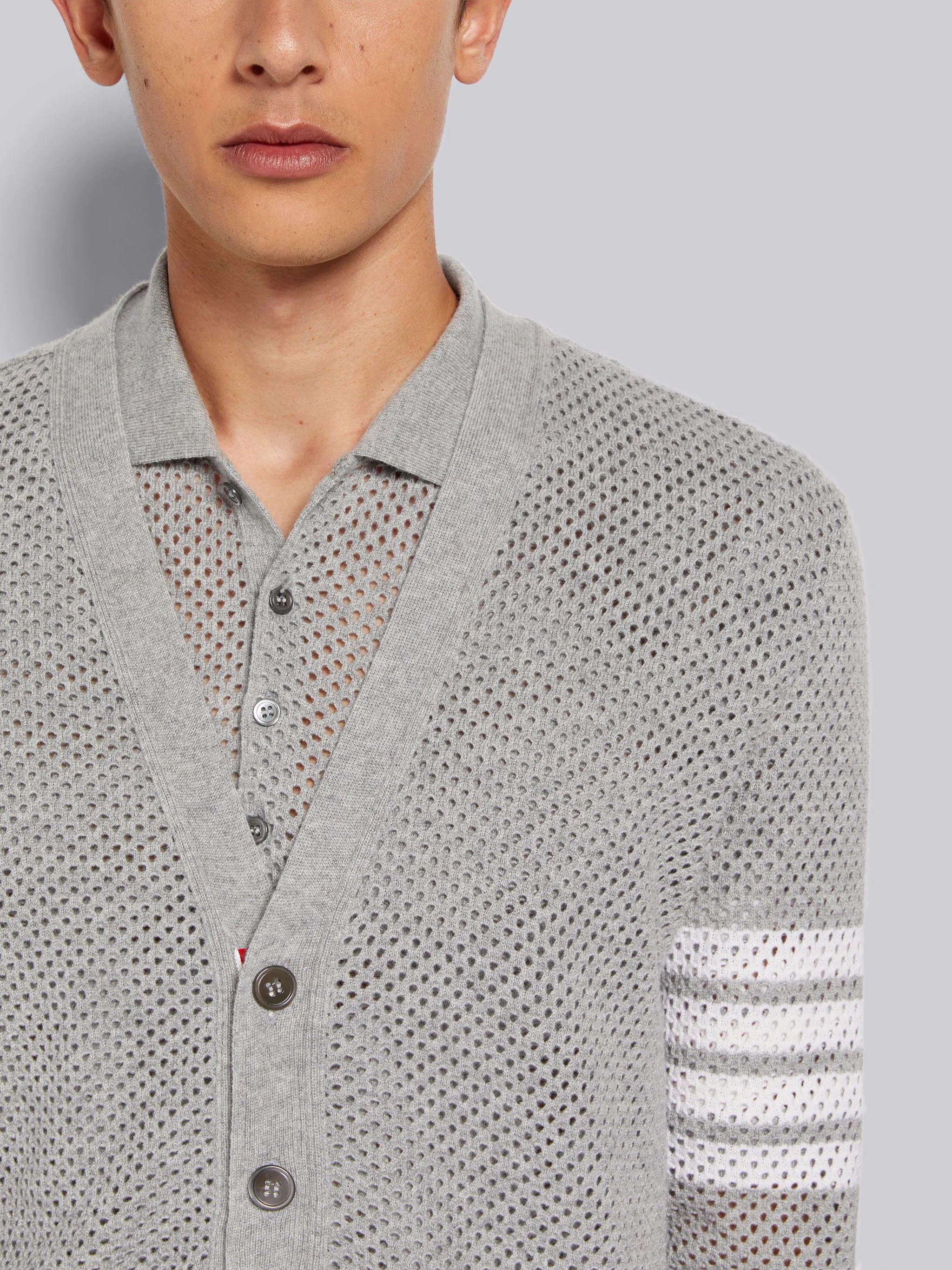 Light Grey Cashmere Mesh 4-Bar V-Neck Cardigan - 5