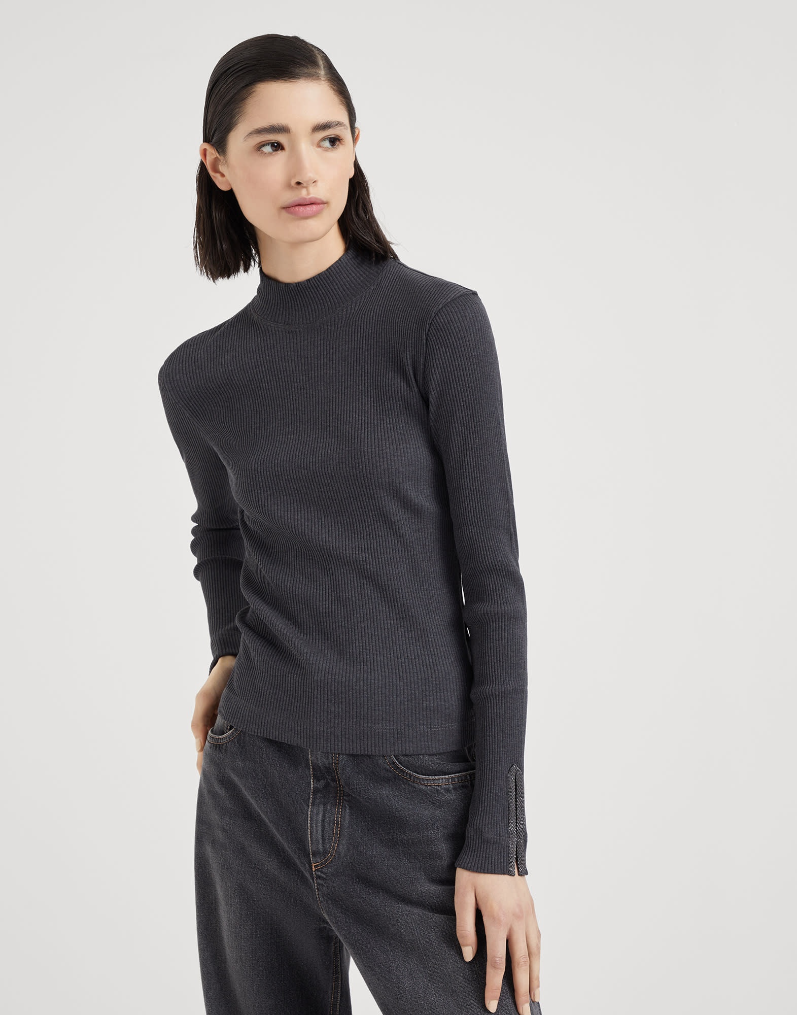 Cotton ribbed jersey top with precious cuff detail - 1