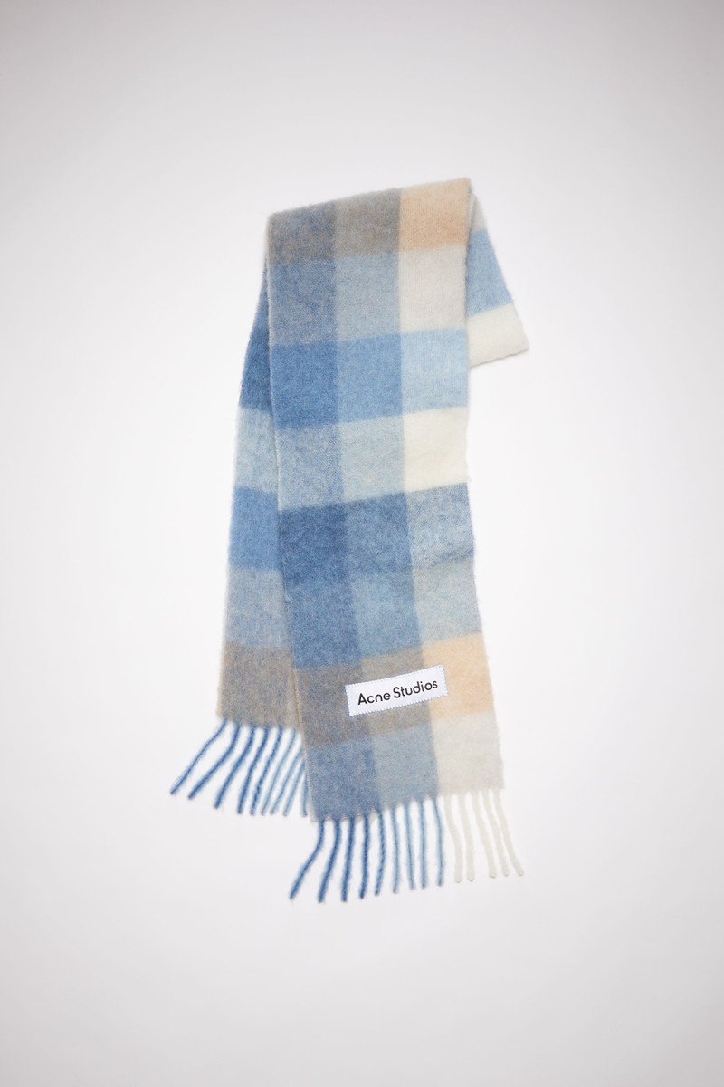 Checked wool fringe scarf - Pastel blue/beige 1