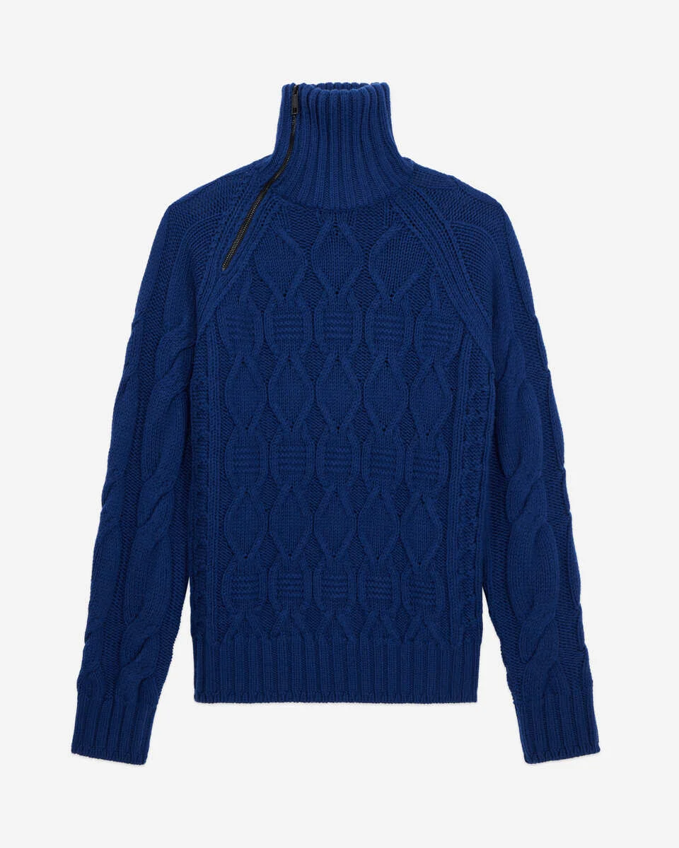 BLUE CABLE WOOL SWEATER WITH ZIPPER - 1