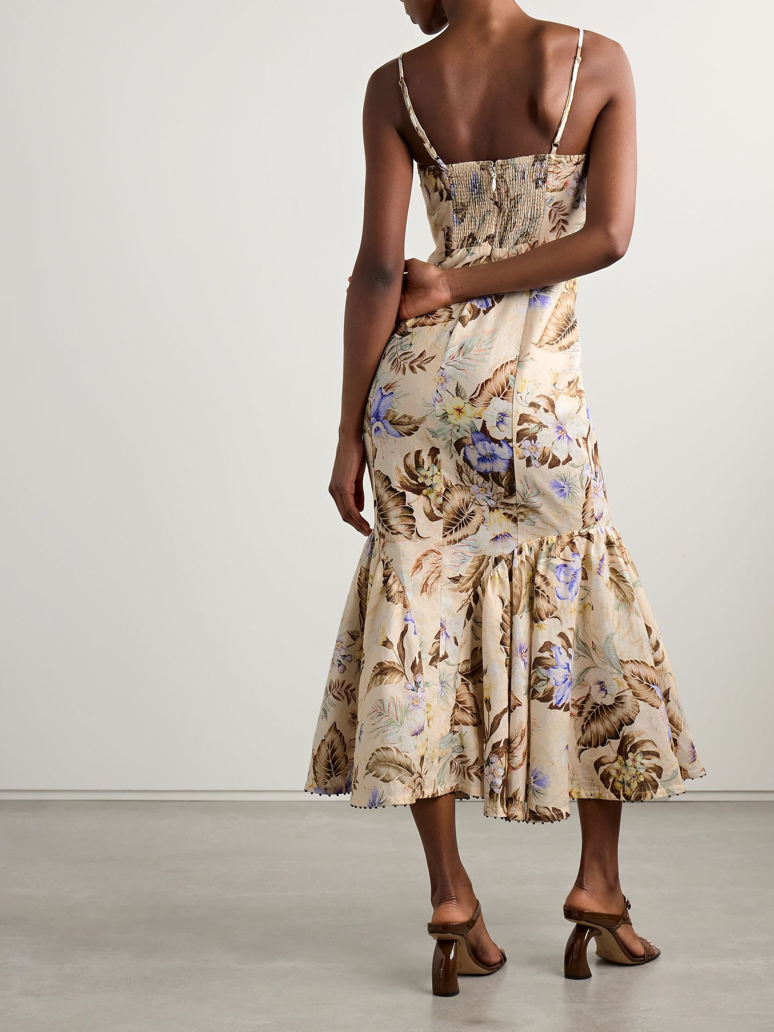 Coco bow-embellished cutout floral-print linen midi dress Beige - 3