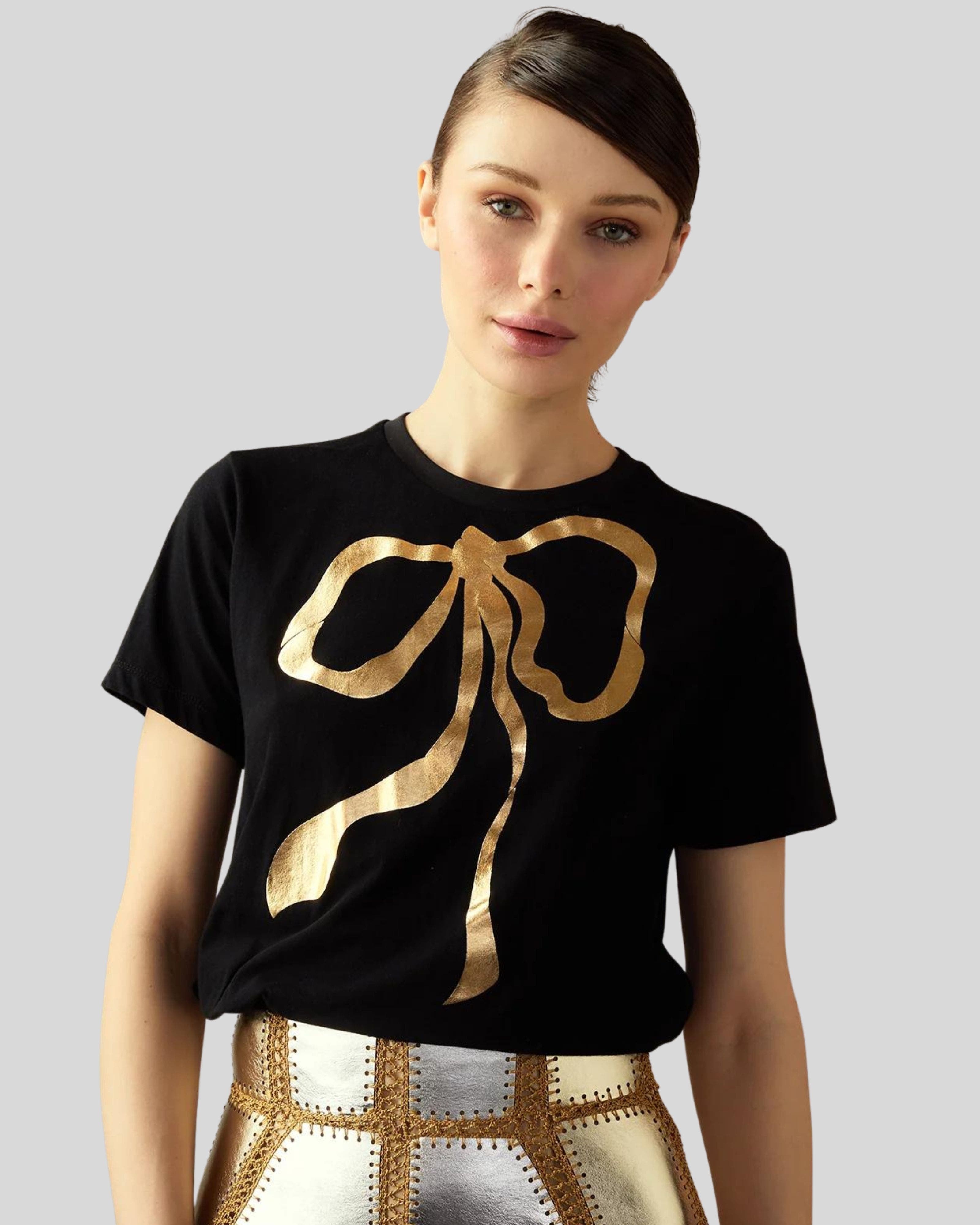 Cynthia Rowley Metallic Bow Tee in Black at Nordstrom - 1