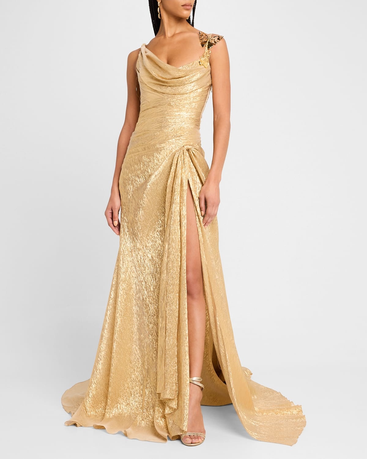 Butterfly Cowl-Neck Lame Gown With Slit - 4
