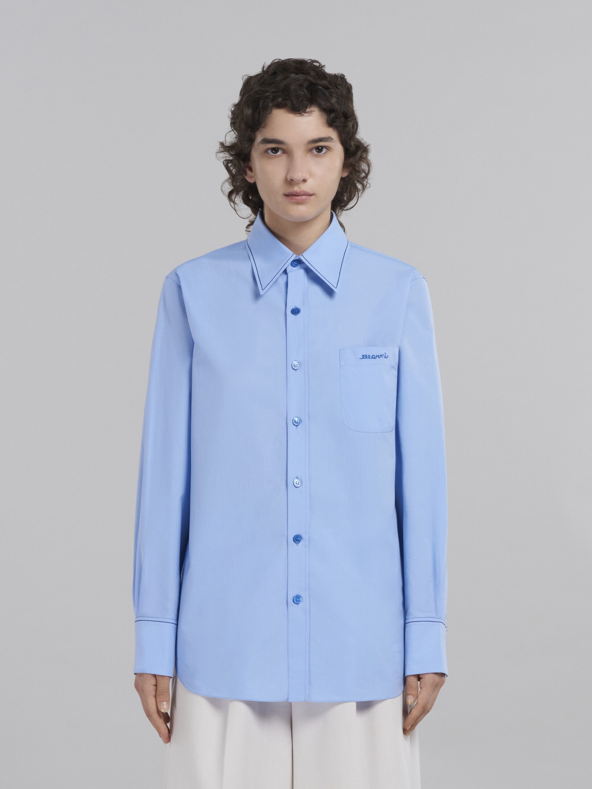 LIGHT BLUE BIO COTTON SHIRT WITH EMBROIDERED LOGO - 2