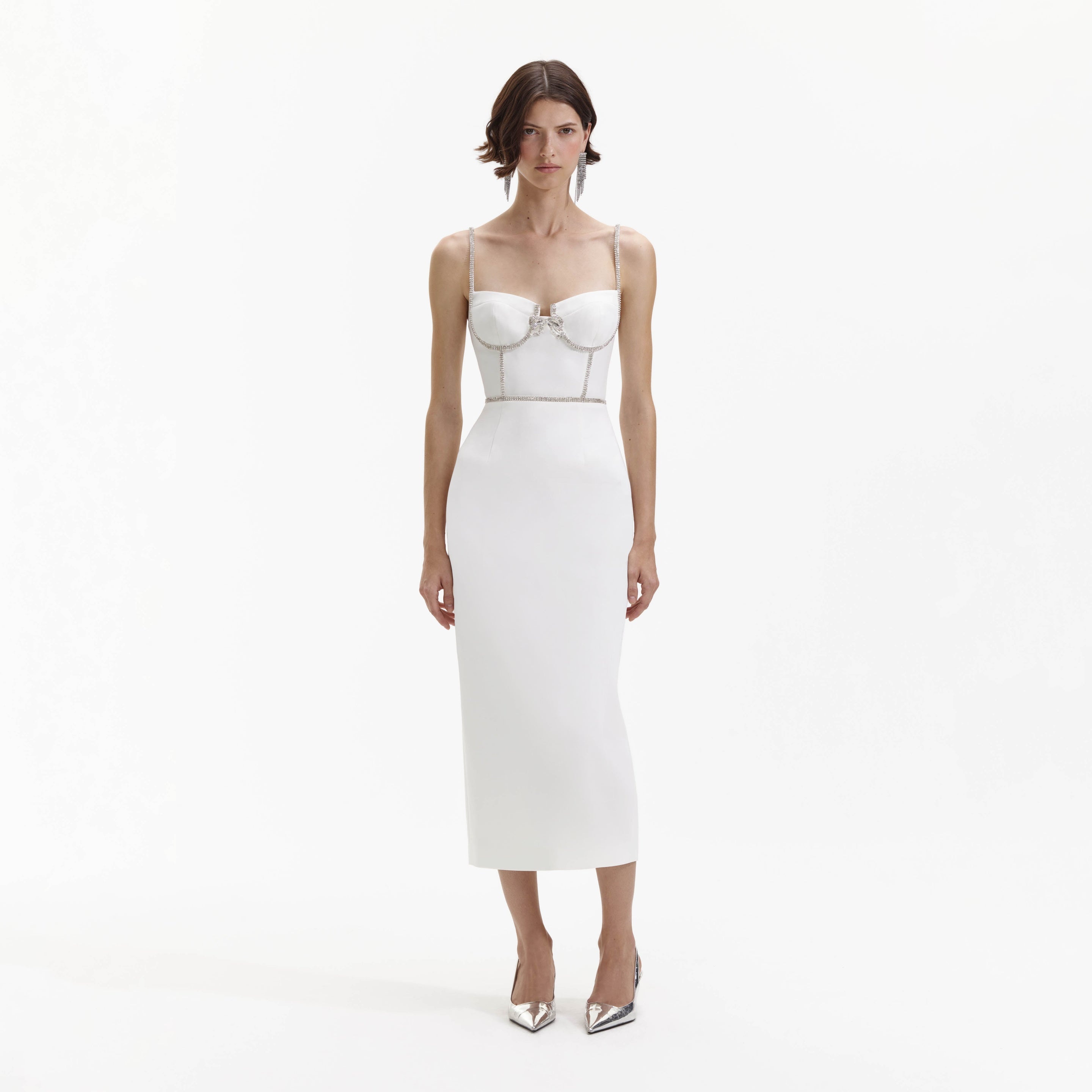 White Bonded Crepe Midi Dress - 1