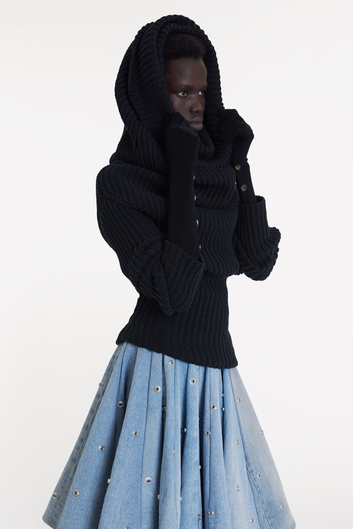 KNIT SNOOD TOP WITH GLOVES BLACK - 6
