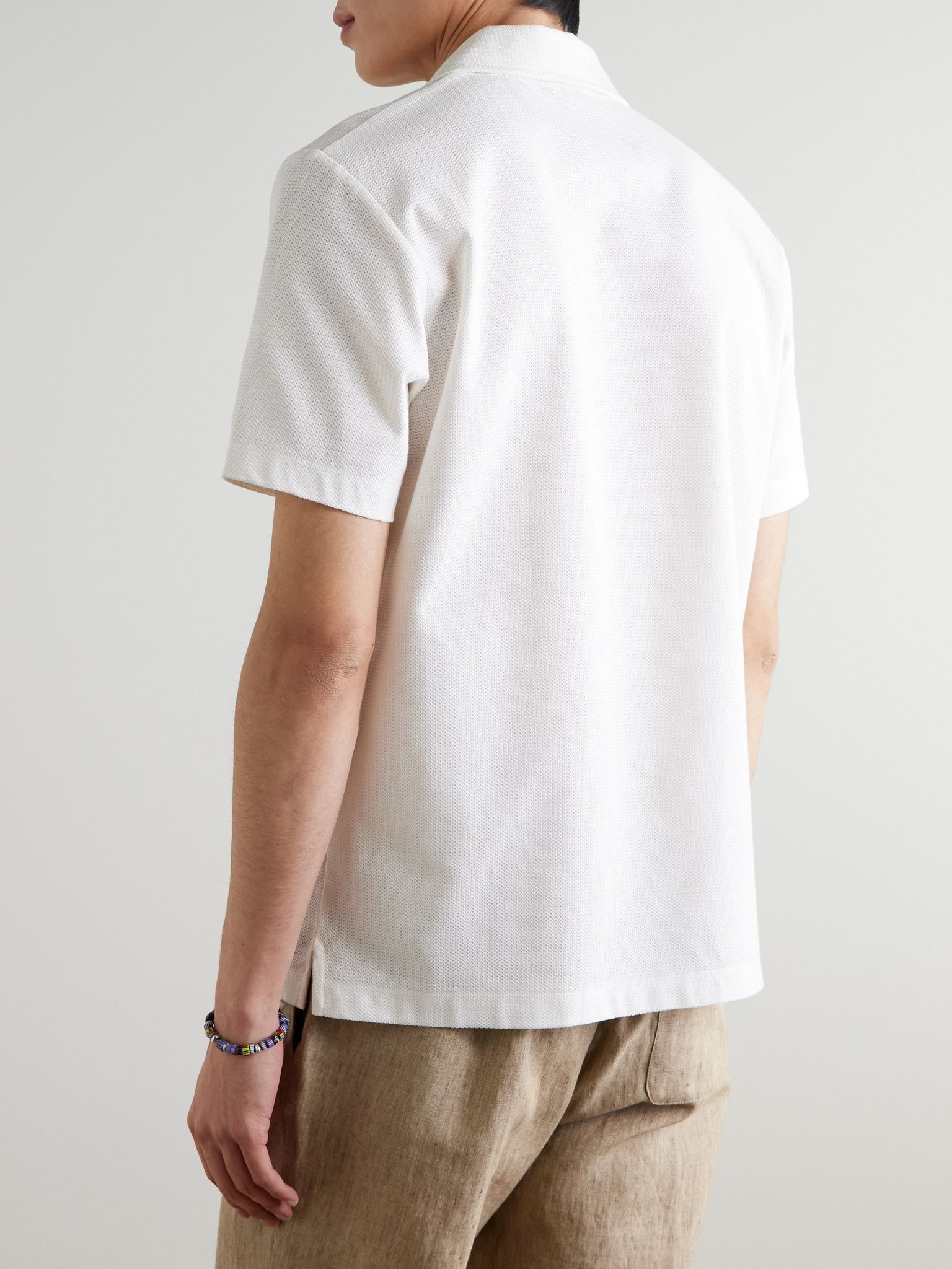 Convertible-Collar Cotton-Piqué Polo Shirt Ecru - 3