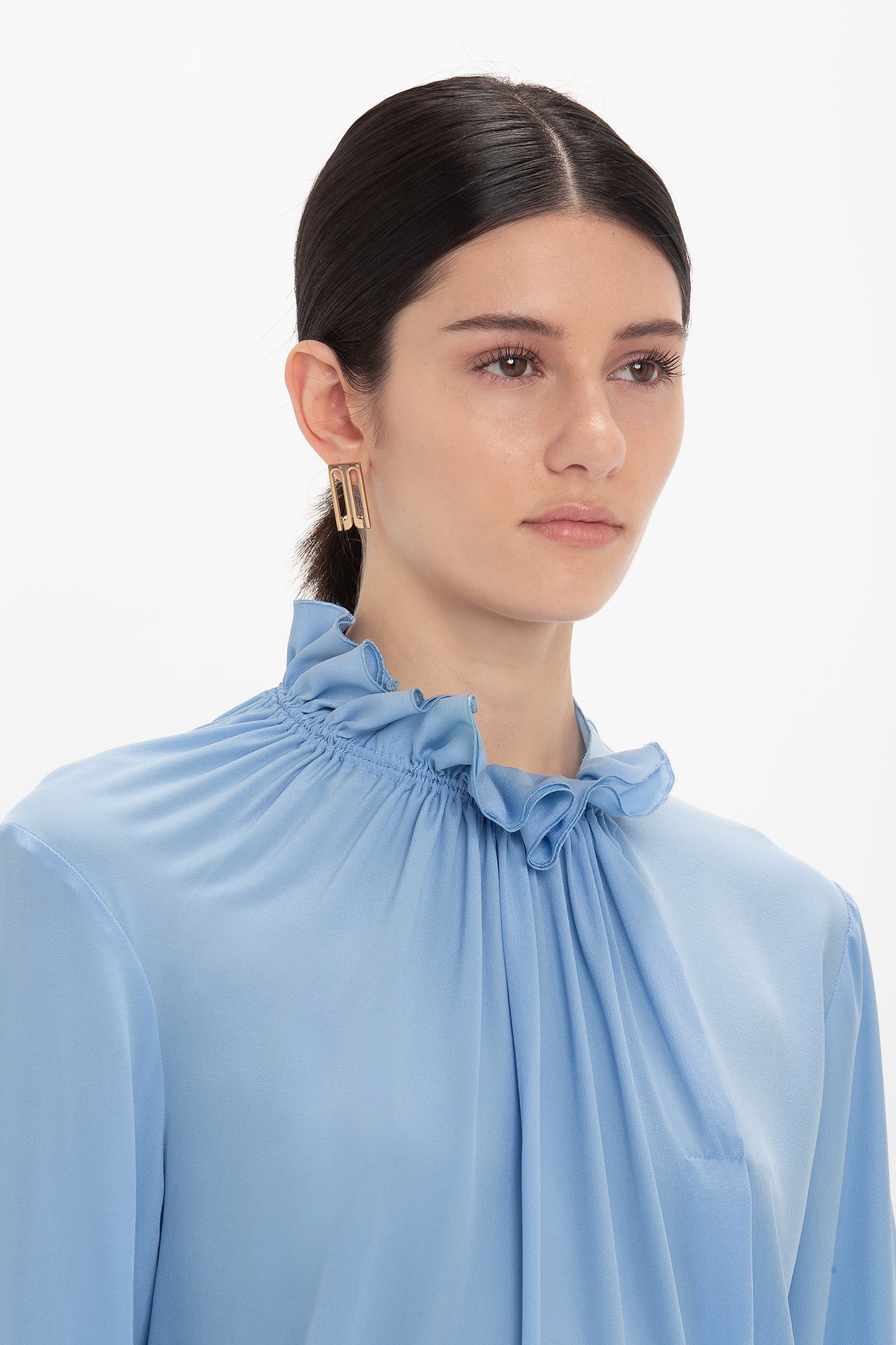 Exclusive Ruffle Neck Blouse In Cornflower Blue - 5