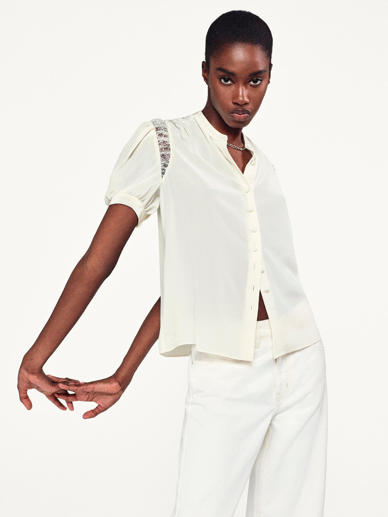 FRAME Lace Shoulder Inset Blouse in Cream outlook